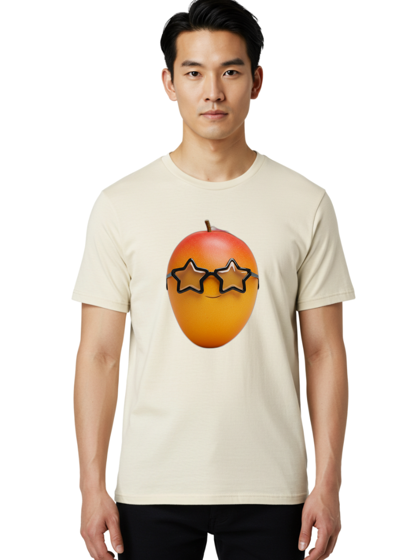 Mango-With-Star-Sunglasses Men'S Graphic Tee, 100% Cotton, Comfortable Casual Summer Wear, Machine Washable, Mango Fruit, Star-Shaped Sunglasses, Cool And Trendy, Vibrant Colors, Playful Vibe, Summer Vibes, Tropical Feel, Fresh Produce, Bac170