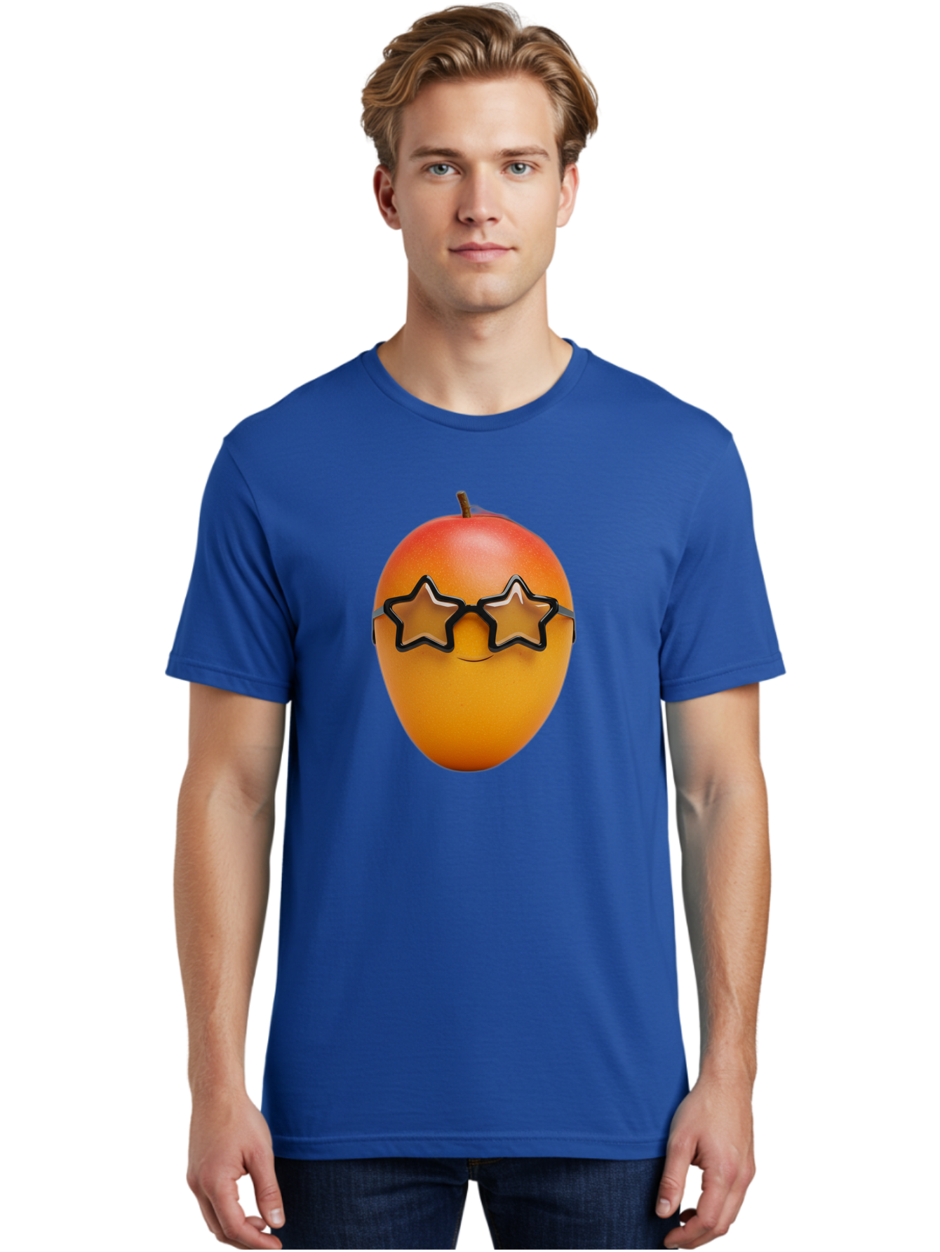 Mango-With-Star-Sunglasses Men'S Graphic Tee, 100% Cotton, Comfortable Casual Summer Wear, Machine Washable, Mango Fruit, Star-Shaped Sunglasses, Cool And Trendy, Vibrant Colors, Playful Vibe, Summer Vibes, Tropical Feel, Fresh Produce, Bac170