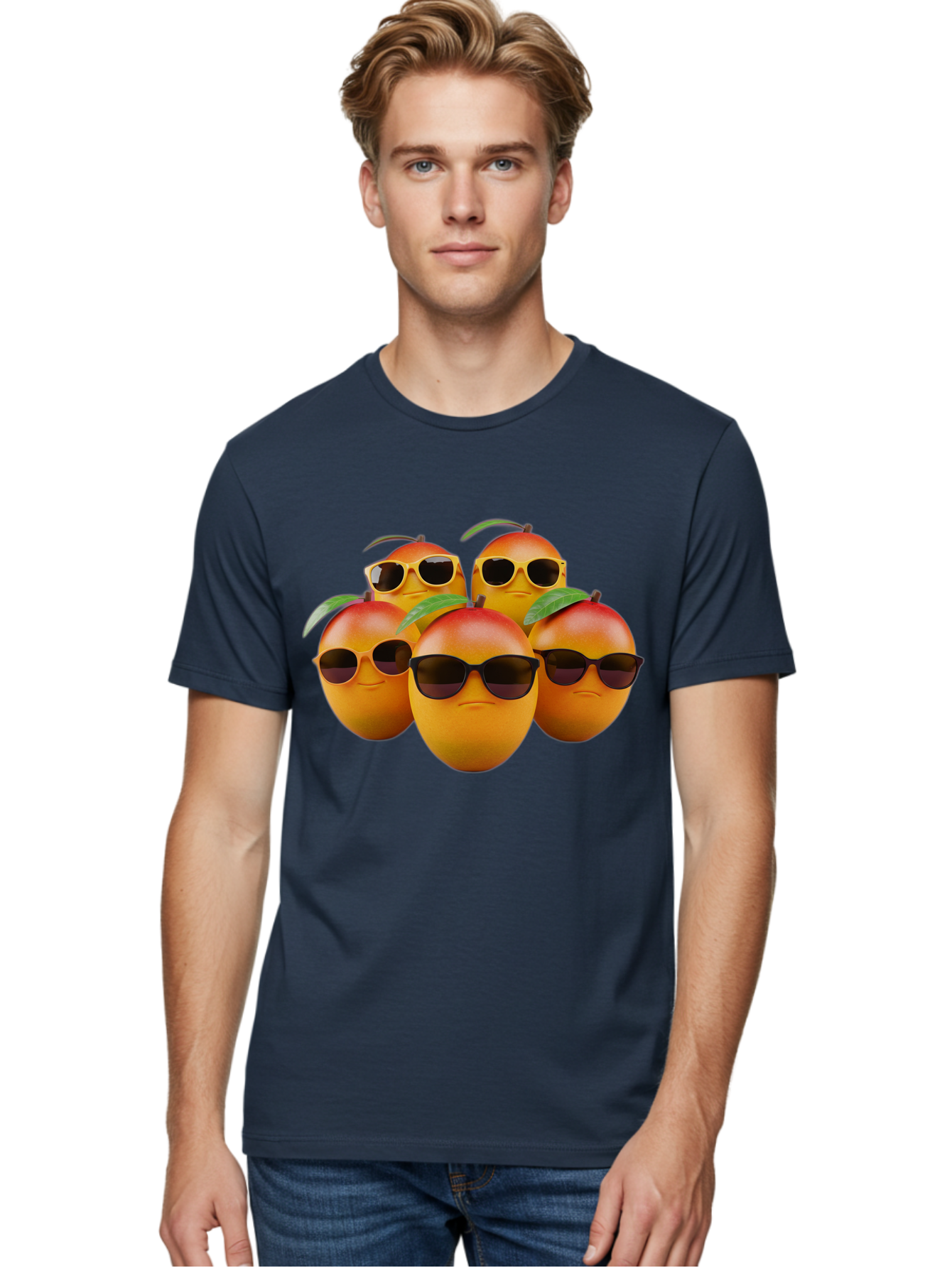 Mangoes-With-Sunglasses Men'S Graphic Tee, 100% Cotton, Comfortable Casual Summer Wear, Machine Washable, Mangoes Wearing Sunglasses, Cool Fruit, Summer Vibes, Cartoon Characters, Funny Faces, Vibrant Colors, Playful Design, Tropical Feel Bac172
