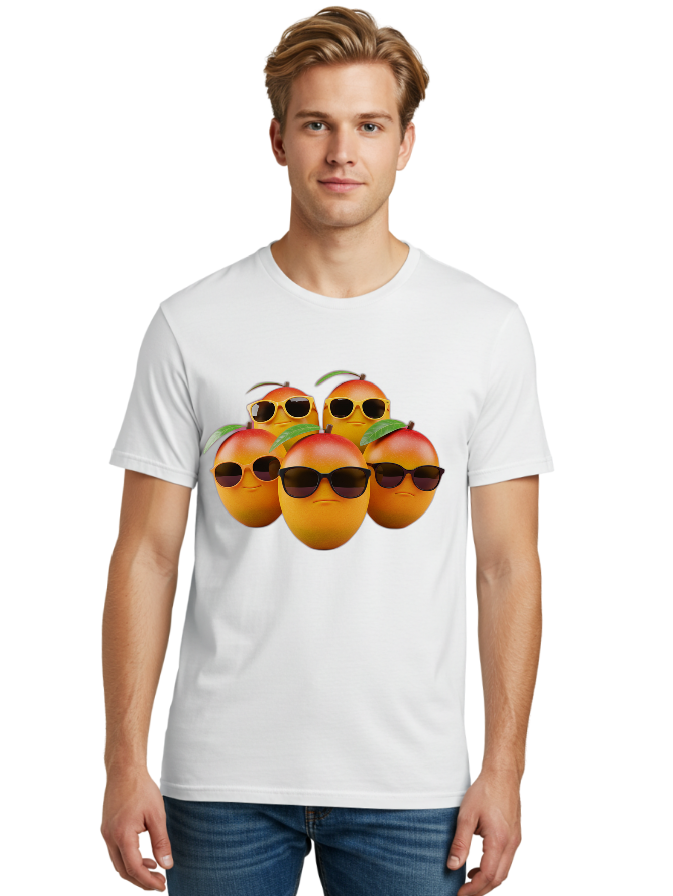 Mangoes-With-Sunglasses Men'S Graphic Tee, 100% Cotton, Comfortable Casual Summer Wear, Machine Washable, Mangoes Wearing Sunglasses, Cool Fruit, Summer Vibes, Cartoon Characters, Funny Faces, Vibrant Colors, Playful Design, Tropical Feel Bac172