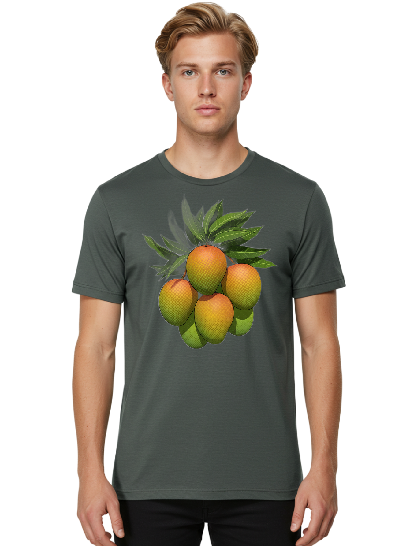 Mangoes Men'S Graphic Tee, 100% Cotton, Comfortable Casual Summer Wear, Machine Washable, Mangoes With Leaves, Tropical Fruit, Exotic Fruit, Fruit Cluster, Yellow-Orange Fruit, Green Leaves, Fruit Texture, Fruit Leaves, Vibrant Fruit Bac173