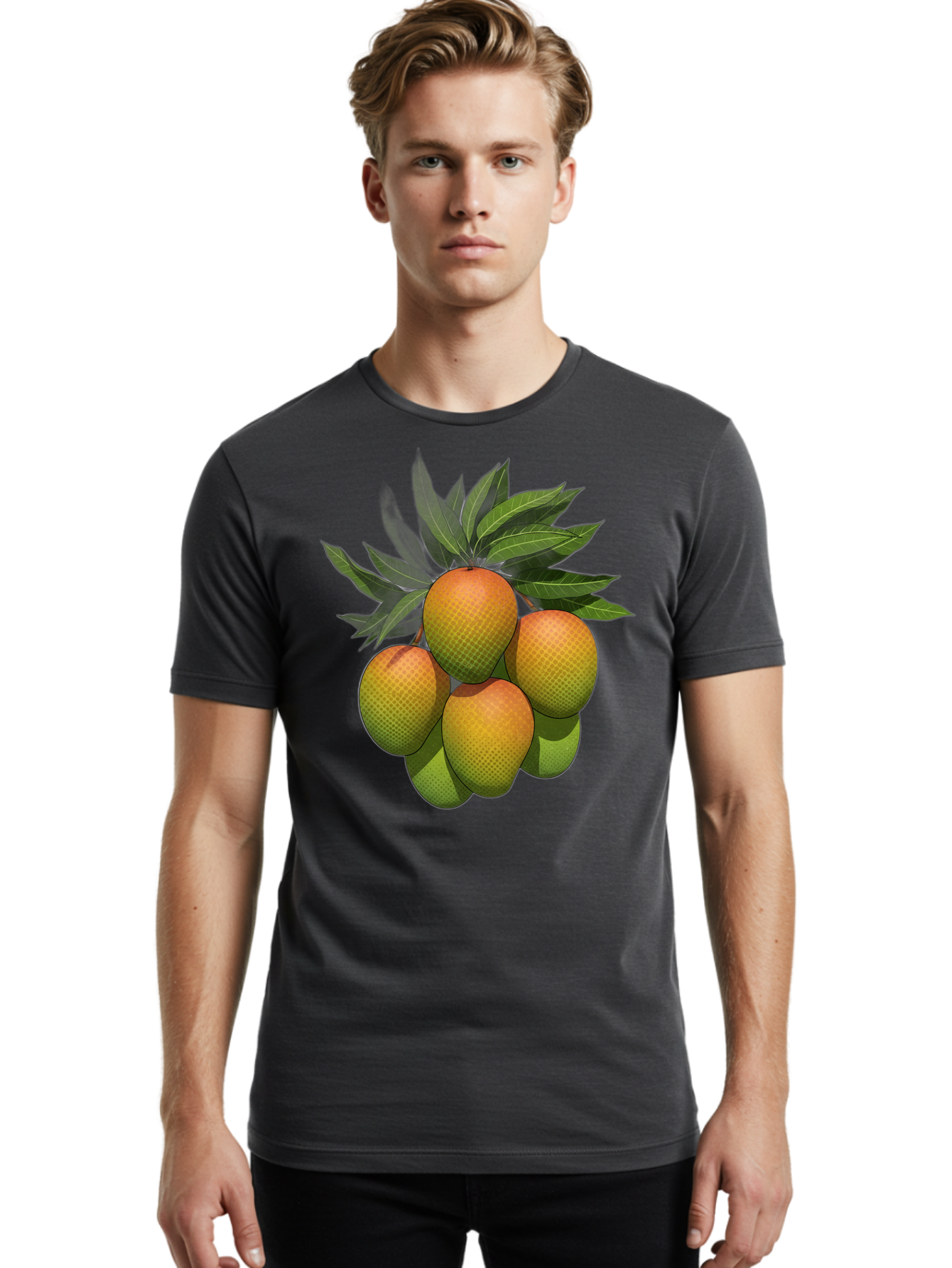 Mangoes Men'S Graphic Tee, 100% Cotton, Comfortable Casual Summer Wear, Machine Washable, Mangoes With Leaves, Tropical Fruit, Exotic Fruit, Fruit Cluster, Yellow-Orange Fruit, Green Leaves, Fruit Texture, Fruit Leaves, Vibrant Fruit Bac173