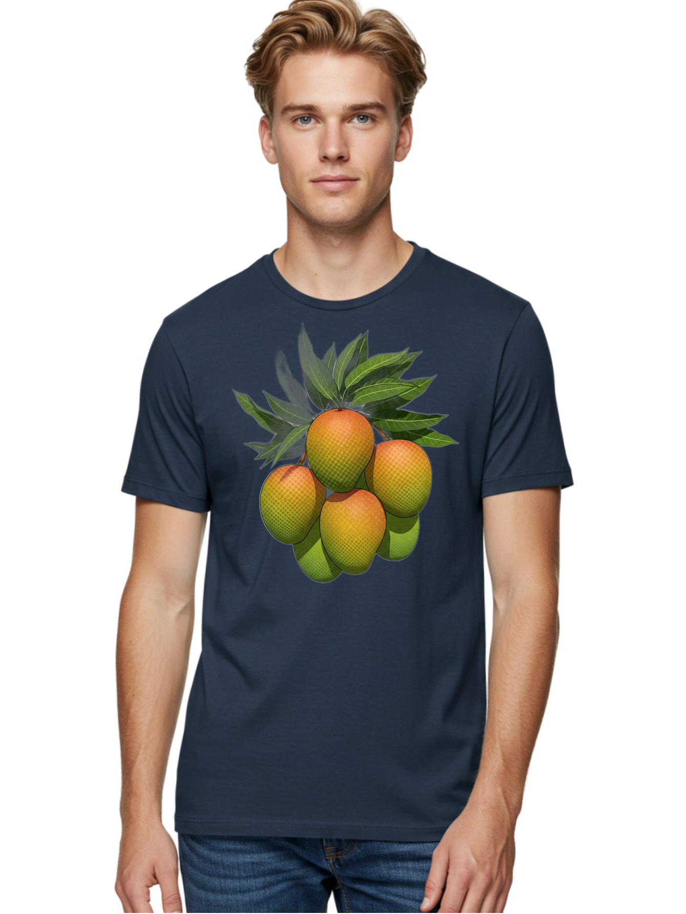 Mangoes Men'S Graphic Tee, 100% Cotton, Comfortable Casual Summer Wear, Machine Washable, Mangoes With Leaves, Tropical Fruit, Exotic Fruit, Fruit Cluster, Yellow-Orange Fruit, Green Leaves, Fruit Texture, Fruit Leaves, Vibrant Fruit Bac173