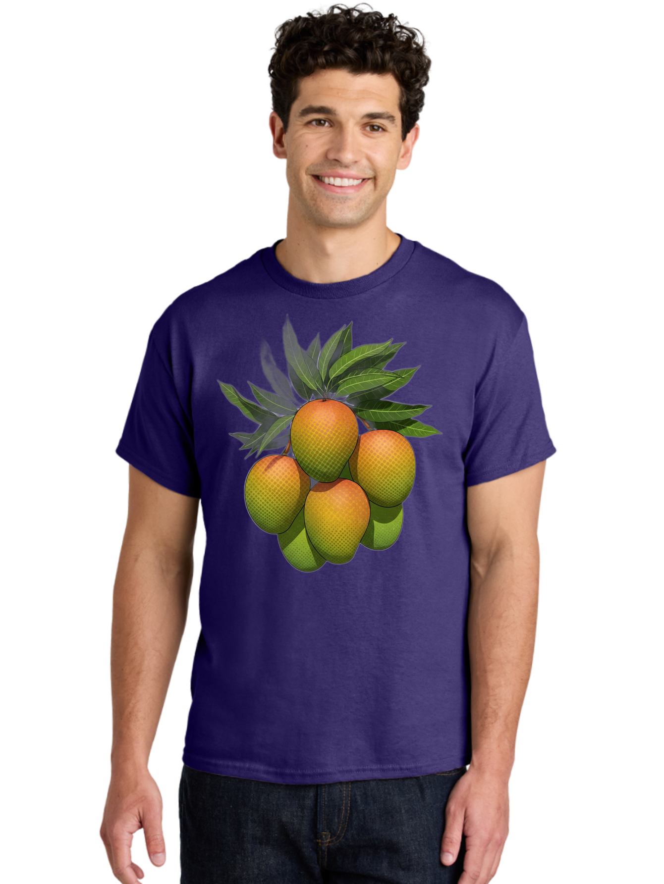 Mangoes Men'S Graphic Tee, 100% Cotton, Comfortable Casual Summer Wear, Machine Washable, Mangoes With Leaves, Tropical Fruit, Exotic Fruit, Fruit Cluster, Yellow-Orange Fruit, Green Leaves, Fruit Texture, Fruit Leaves, Vibrant Fruit Bac173
