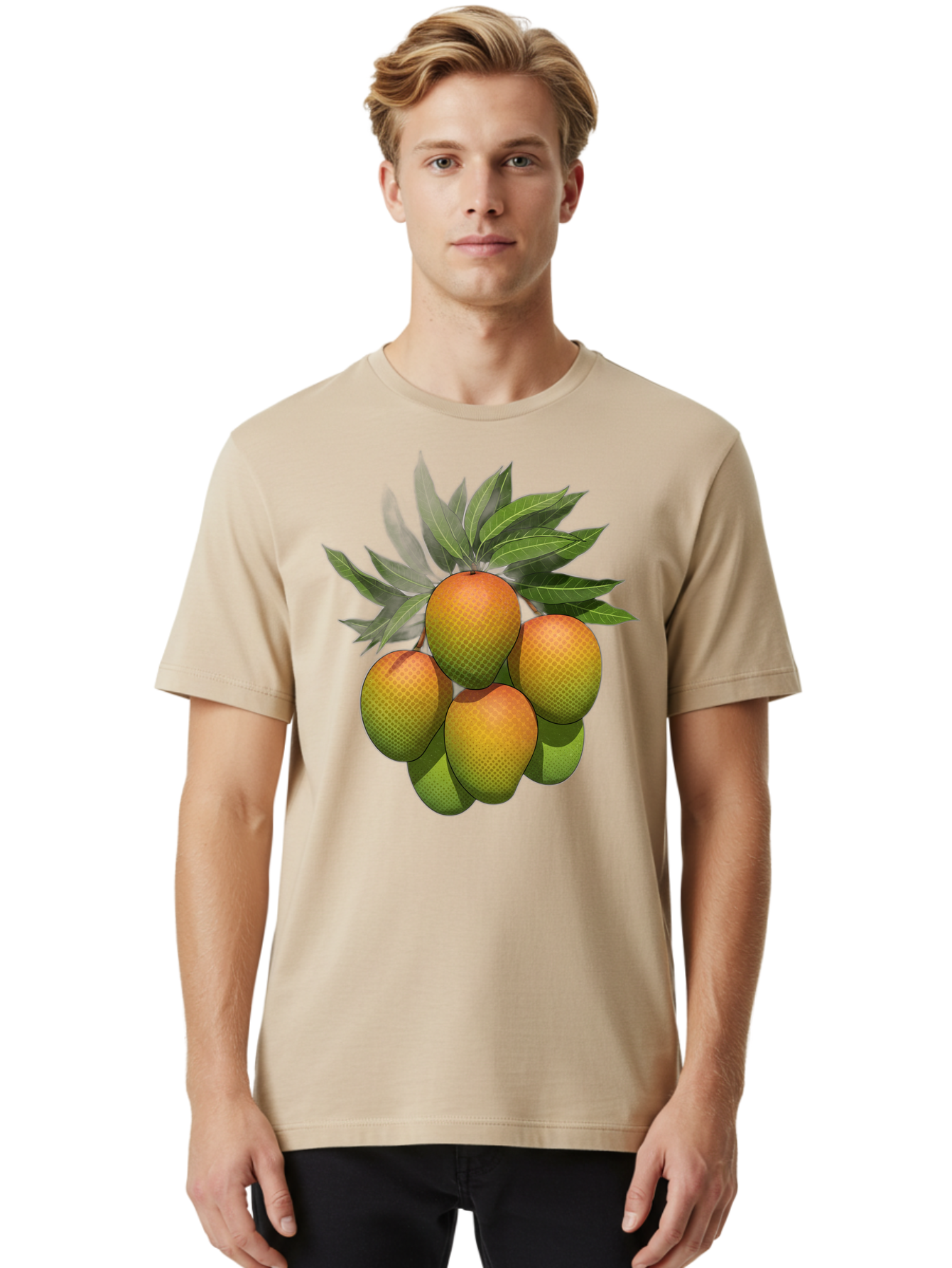 Mangoes Men'S Graphic Tee, 100% Cotton, Comfortable Casual Summer Wear, Machine Washable, Mangoes With Leaves, Tropical Fruit, Exotic Fruit, Fruit Cluster, Yellow-Orange Fruit, Green Leaves, Fruit Texture, Fruit Leaves, Vibrant Fruit Bac173