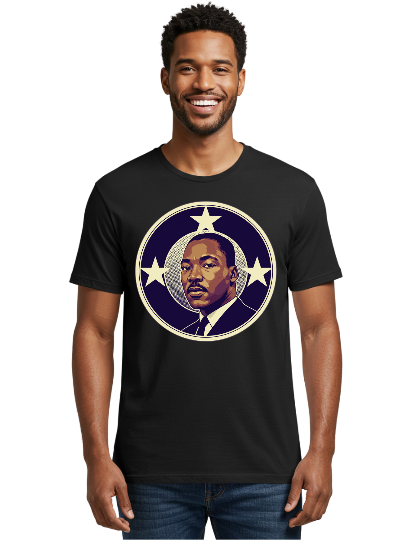 Martin-Luther-King-Jr-1 Men'S Graphic Tee, 100% Cotton, Comfortable Casual Summer Wear, Machine Washable, Martin Luther King Jr. Portrait, Civil Rights Leader, Three Stars, Circular Frame, Vintage Design, Iconic Figure, Inspirational Leader, Bac175