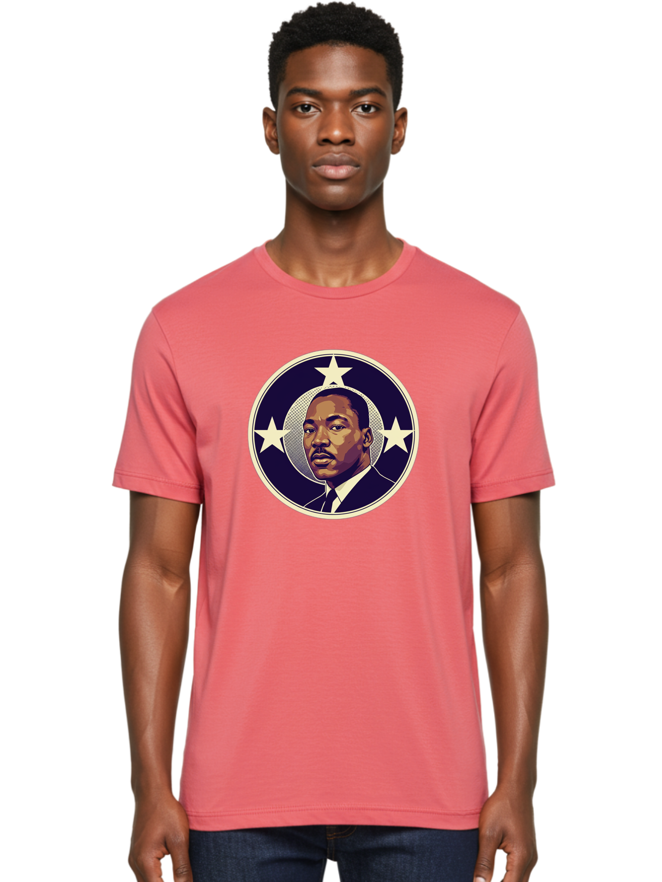 Martin-Luther-King-Jr-1 Men'S Graphic Tee, 100% Cotton, Comfortable Casual Summer Wear, Machine Washable, Martin Luther King Jr. Portrait, Civil Rights Leader, Three Stars, Circular Frame, Vintage Design, Iconic Figure, Inspirational Leader, Bac175