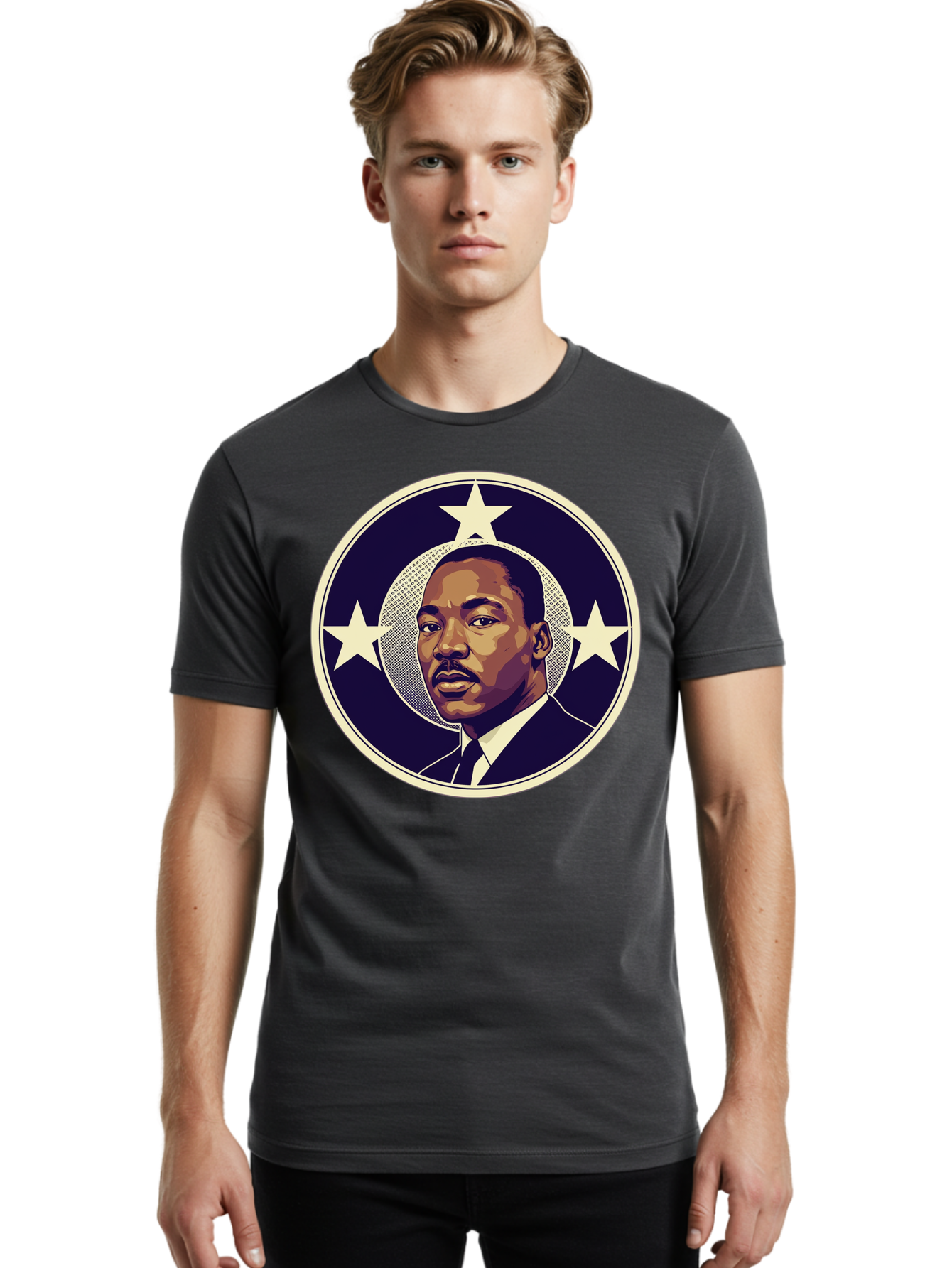 Martin-Luther-King-Jr-1 Men'S Graphic Tee, 100% Cotton, Comfortable Casual Summer Wear, Machine Washable, Martin Luther King Jr. Portrait, Civil Rights Leader, Three Stars, Circular Frame, Vintage Design, Iconic Figure, Inspirational Leader, Bac175