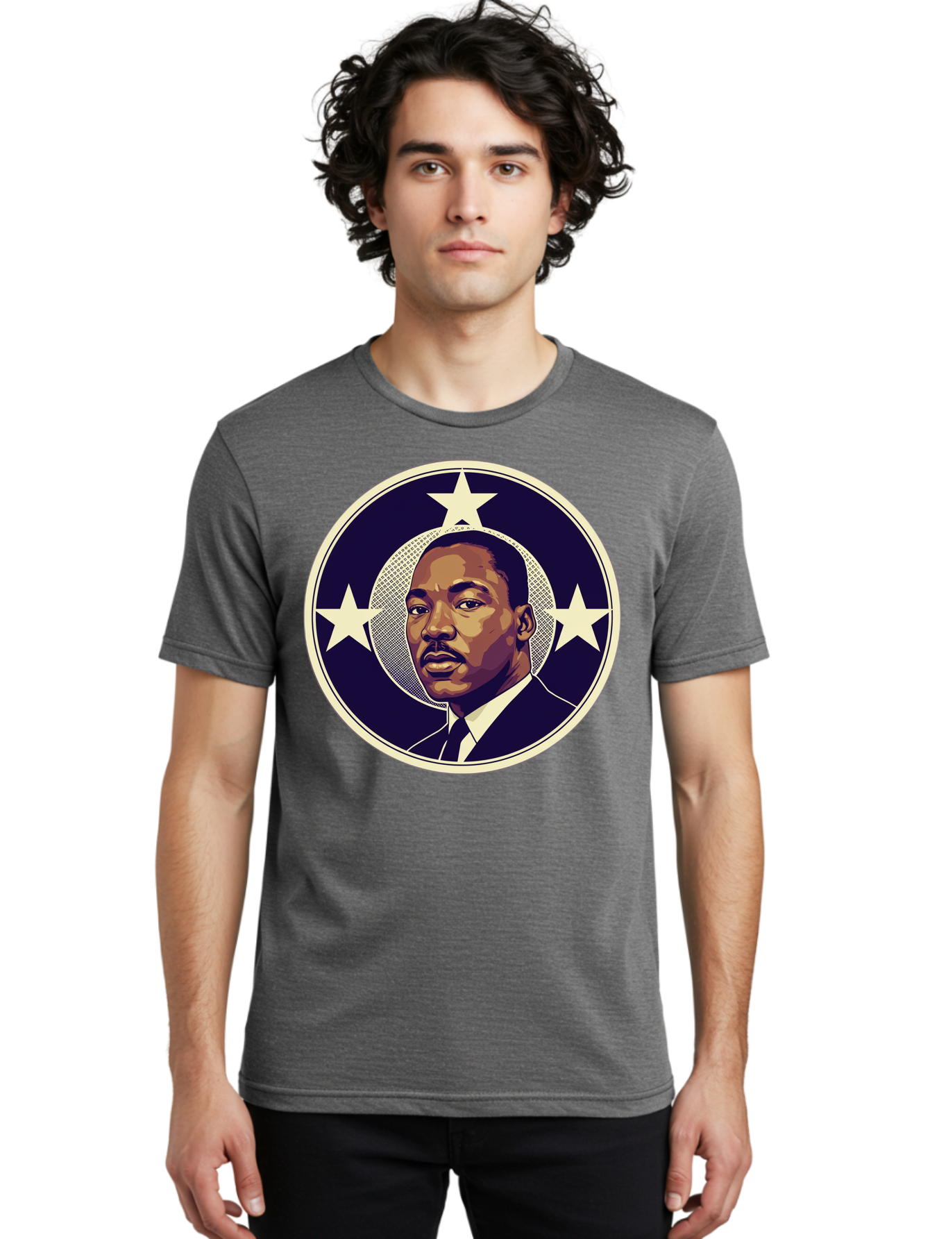 Martin-Luther-King-Jr-1 Men'S Graphic Tee, 100% Cotton, Comfortable Casual Summer Wear, Machine Washable, Martin Luther King Jr. Portrait, Civil Rights Leader, Three Stars, Circular Frame, Vintage Design, Iconic Figure, Inspirational Leader, Bac175