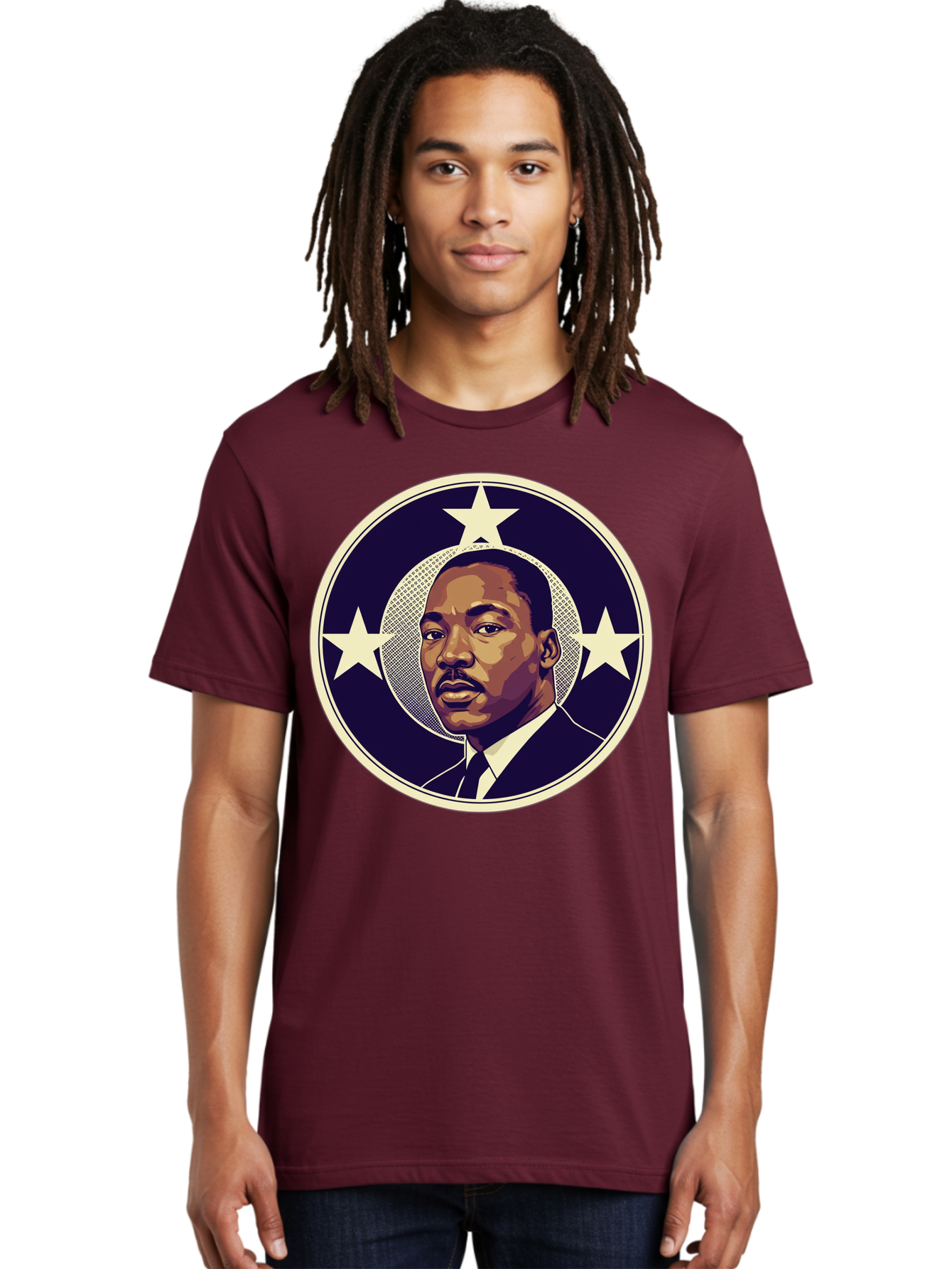 Martin-Luther-King-Jr-1 Men'S Graphic Tee, 100% Cotton, Comfortable Casual Summer Wear, Machine Washable, Martin Luther King Jr. Portrait, Civil Rights Leader, Three Stars, Circular Frame, Vintage Design, Iconic Figure, Inspirational Leader, Bac175