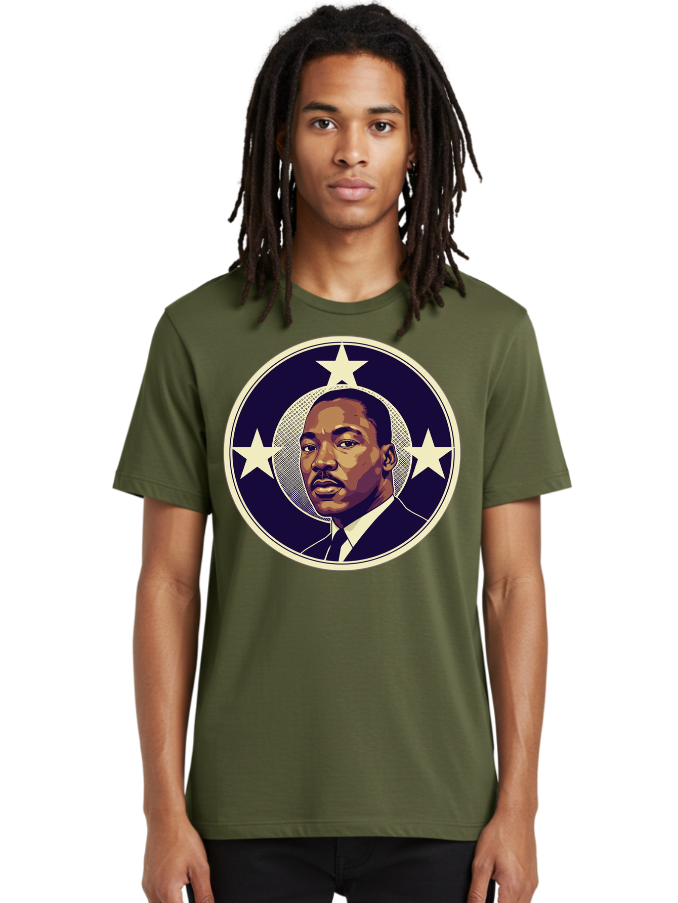 Martin-Luther-King-Jr-1 Men'S Graphic Tee, 100% Cotton, Comfortable Casual Summer Wear, Machine Washable, Martin Luther King Jr. Portrait, Civil Rights Leader, Three Stars, Circular Frame, Vintage Design, Iconic Figure, Inspirational Leader, Bac175