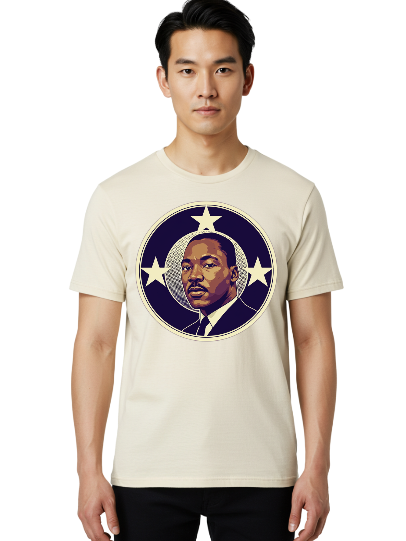 Martin-Luther-King-Jr-1 Men'S Graphic Tee, 100% Cotton, Comfortable Casual Summer Wear, Machine Washable, Martin Luther King Jr. Portrait, Civil Rights Leader, Three Stars, Circular Frame, Vintage Design, Iconic Figure, Inspirational Leader, Bac175