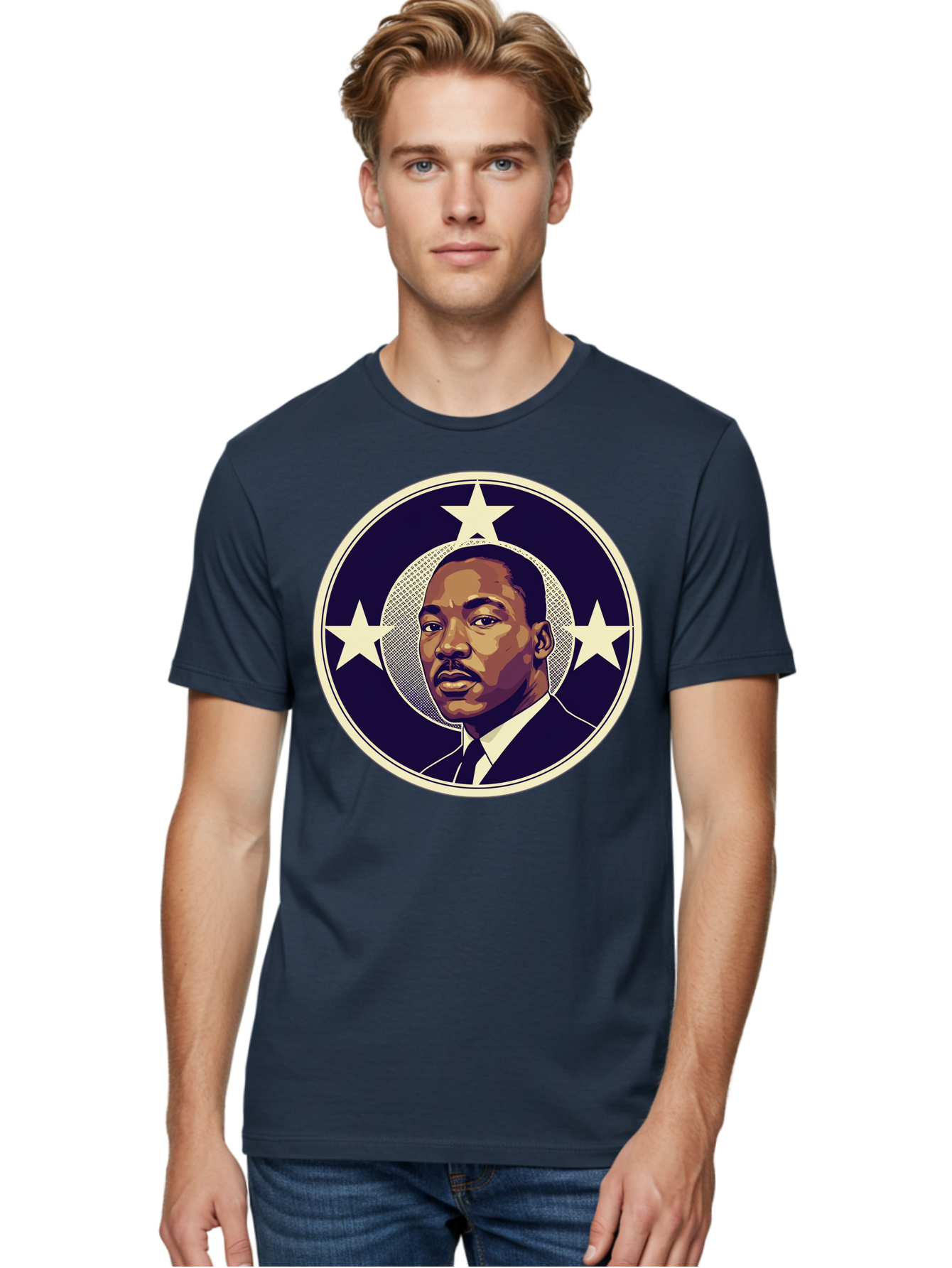Martin-Luther-King-Jr-1 Men'S Graphic Tee, 100% Cotton, Comfortable Casual Summer Wear, Machine Washable, Martin Luther King Jr. Portrait, Civil Rights Leader, Three Stars, Circular Frame, Vintage Design, Iconic Figure, Inspirational Leader, Bac175