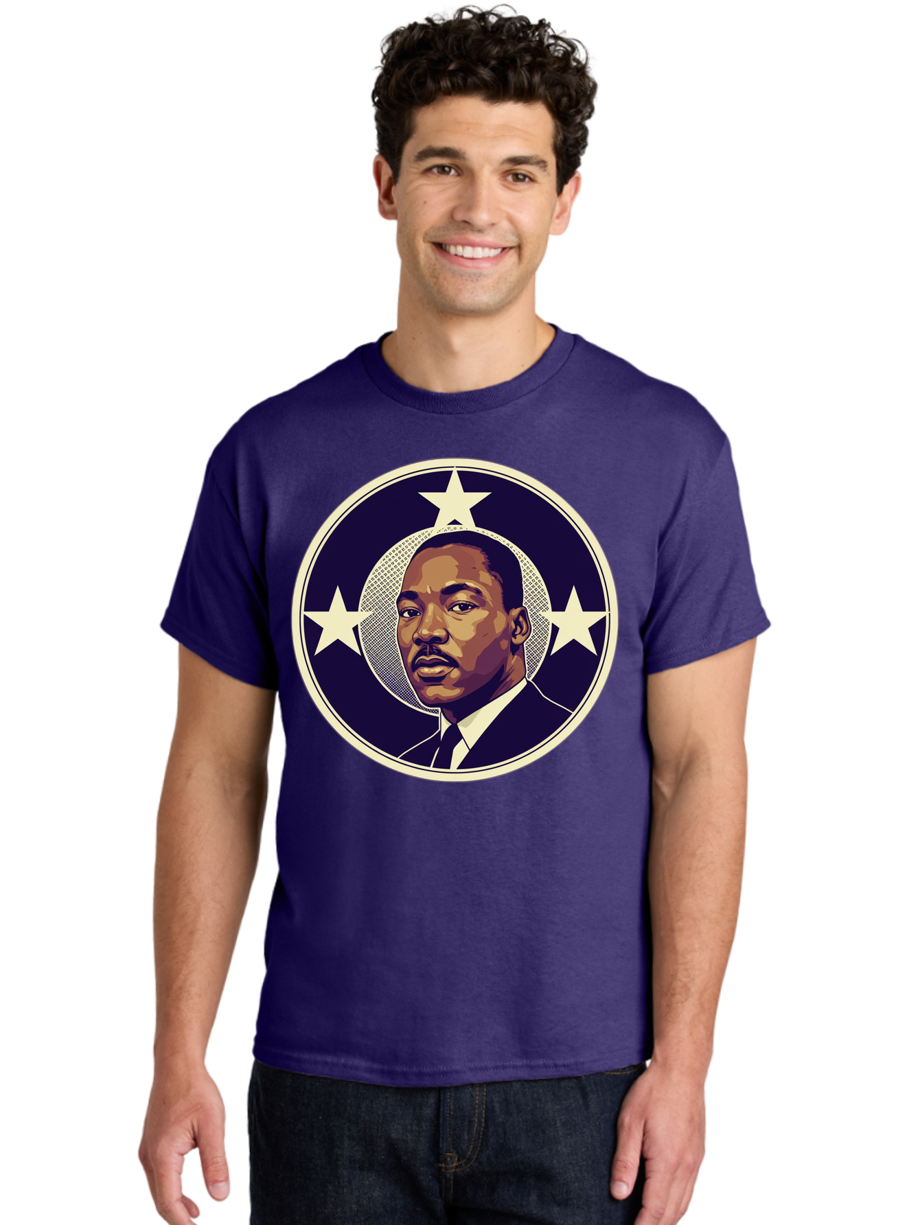 Martin-Luther-King-Jr-1 Men'S Graphic Tee, 100% Cotton, Comfortable Casual Summer Wear, Machine Washable, Martin Luther King Jr. Portrait, Civil Rights Leader, Three Stars, Circular Frame, Vintage Design, Iconic Figure, Inspirational Leader, Bac175
