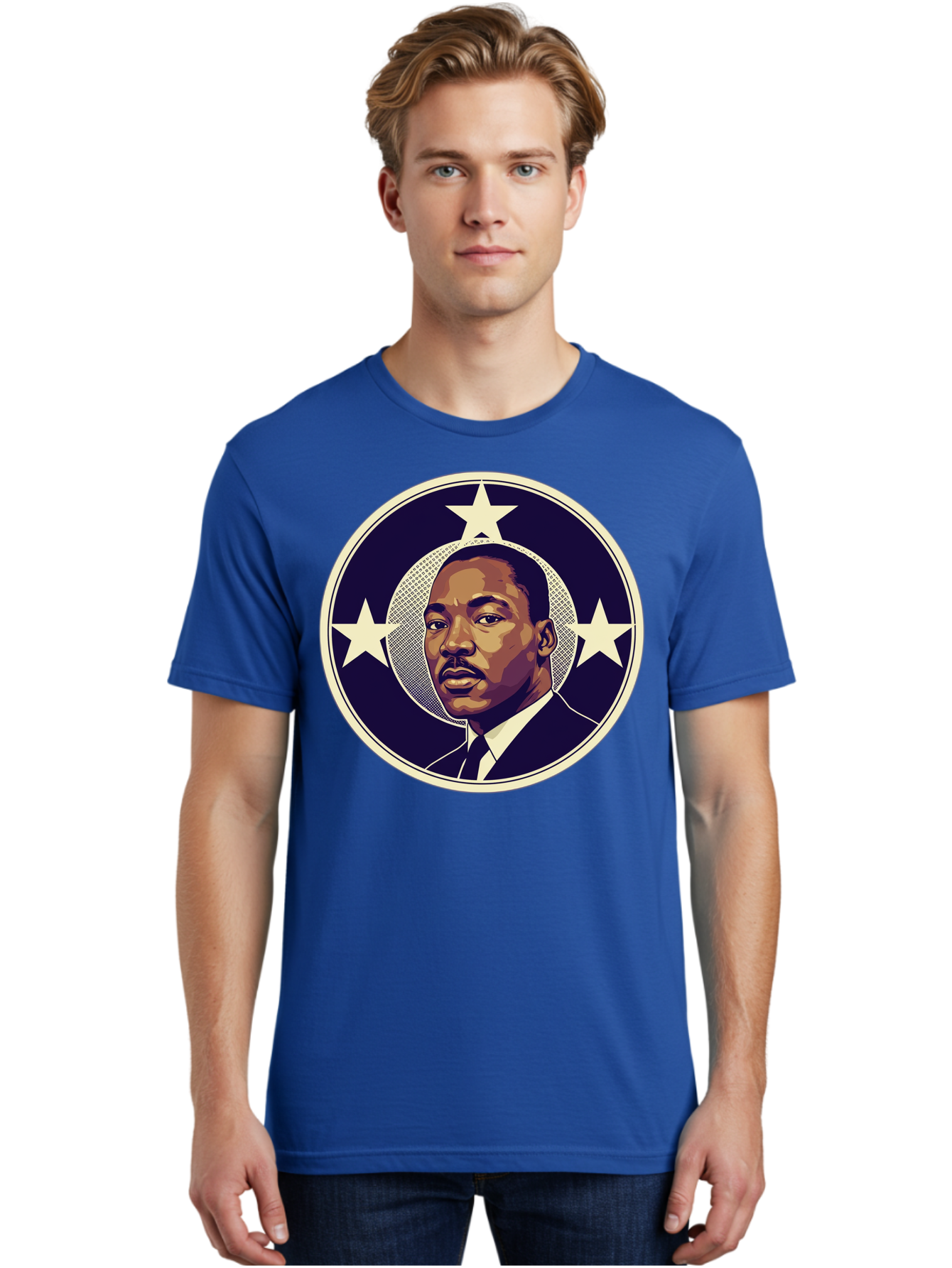 Martin-Luther-King-Jr-1 Men'S Graphic Tee, 100% Cotton, Comfortable Casual Summer Wear, Machine Washable, Martin Luther King Jr. Portrait, Civil Rights Leader, Three Stars, Circular Frame, Vintage Design, Iconic Figure, Inspirational Leader, Bac175