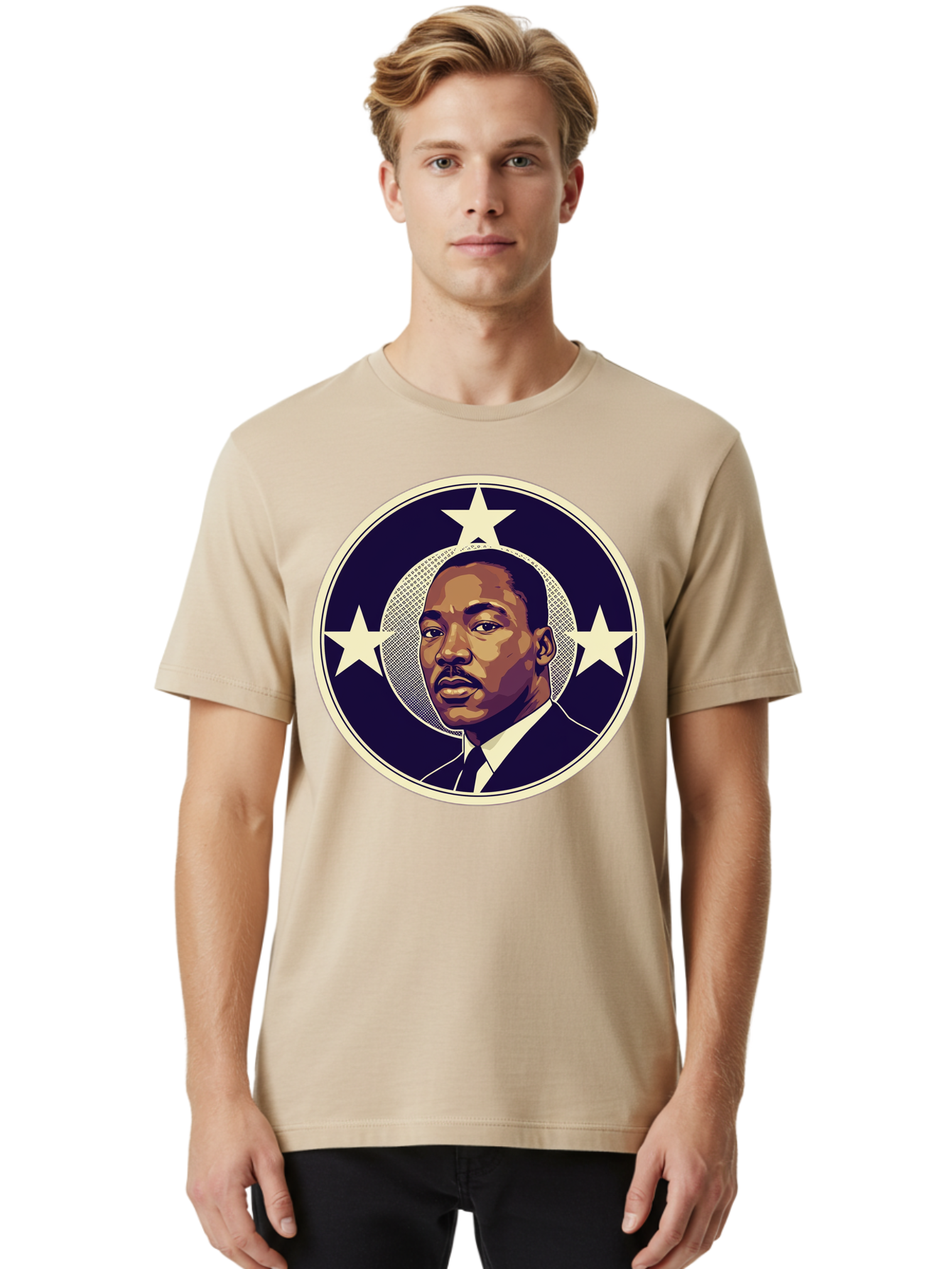 Martin-Luther-King-Jr-1 Men'S Graphic Tee, 100% Cotton, Comfortable Casual Summer Wear, Machine Washable, Martin Luther King Jr. Portrait, Civil Rights Leader, Three Stars, Circular Frame, Vintage Design, Iconic Figure, Inspirational Leader, Bac175
