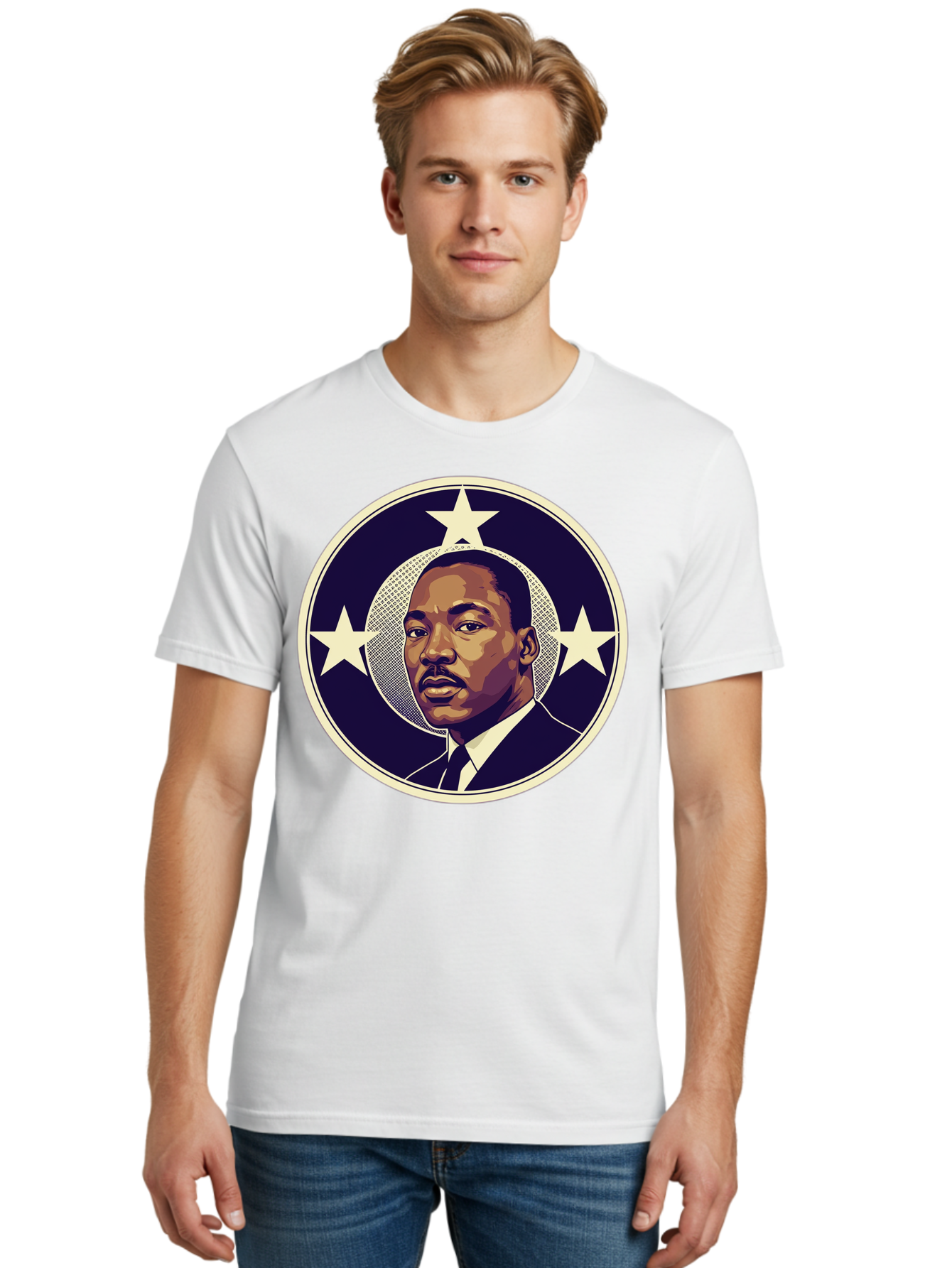 Martin-Luther-King-Jr-1 Men'S Graphic Tee, 100% Cotton, Comfortable Casual Summer Wear, Machine Washable, Martin Luther King Jr. Portrait, Civil Rights Leader, Three Stars, Circular Frame, Vintage Design, Iconic Figure, Inspirational Leader, Bac175