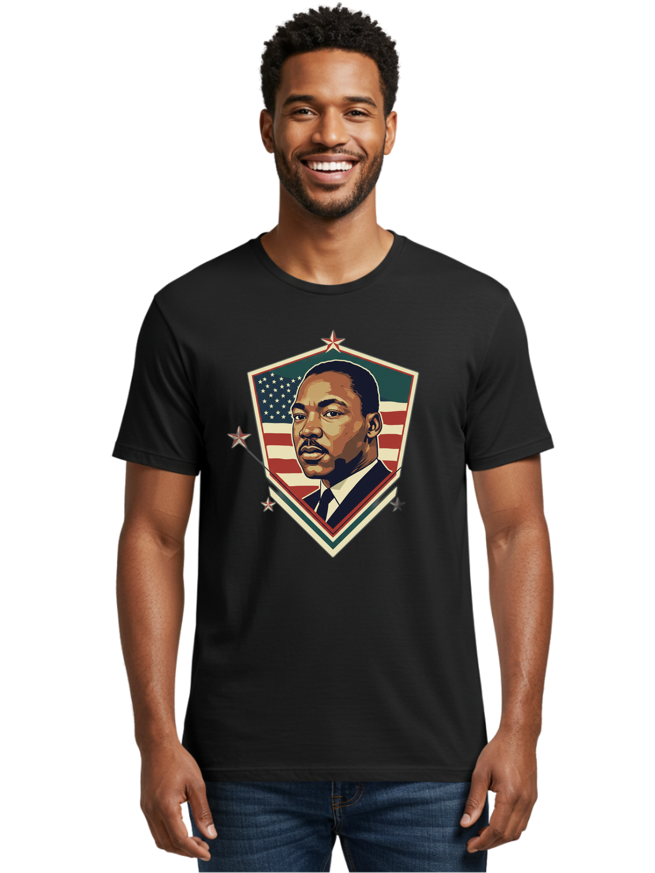 Martin-Luther-King-Jr-Shield Men'S Graphic Tee, 100% Cotton, Comfortable Casual Summer Wear, Machine Washable, Martin Luther King Jr. Portrait, American Flag, Patriotic Symbol, Civil Rights Leader, Iconic Figure, Freedom Fighter, Bac178