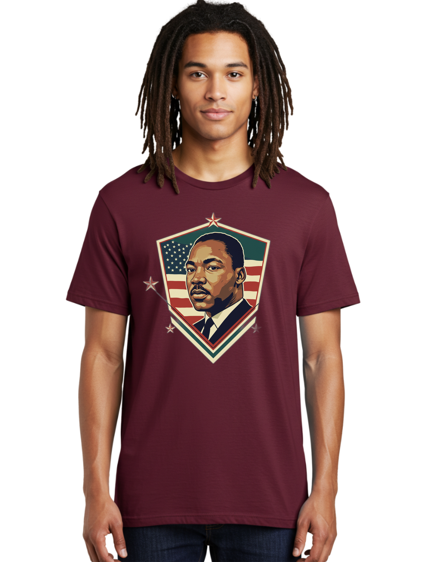 Martin-Luther-King-Jr-Shield Men'S Graphic Tee, 100% Cotton, Comfortable Casual Summer Wear, Machine Washable, Martin Luther King Jr. Portrait, American Flag, Patriotic Symbol, Civil Rights Leader, Iconic Figure, Freedom Fighter, Bac178