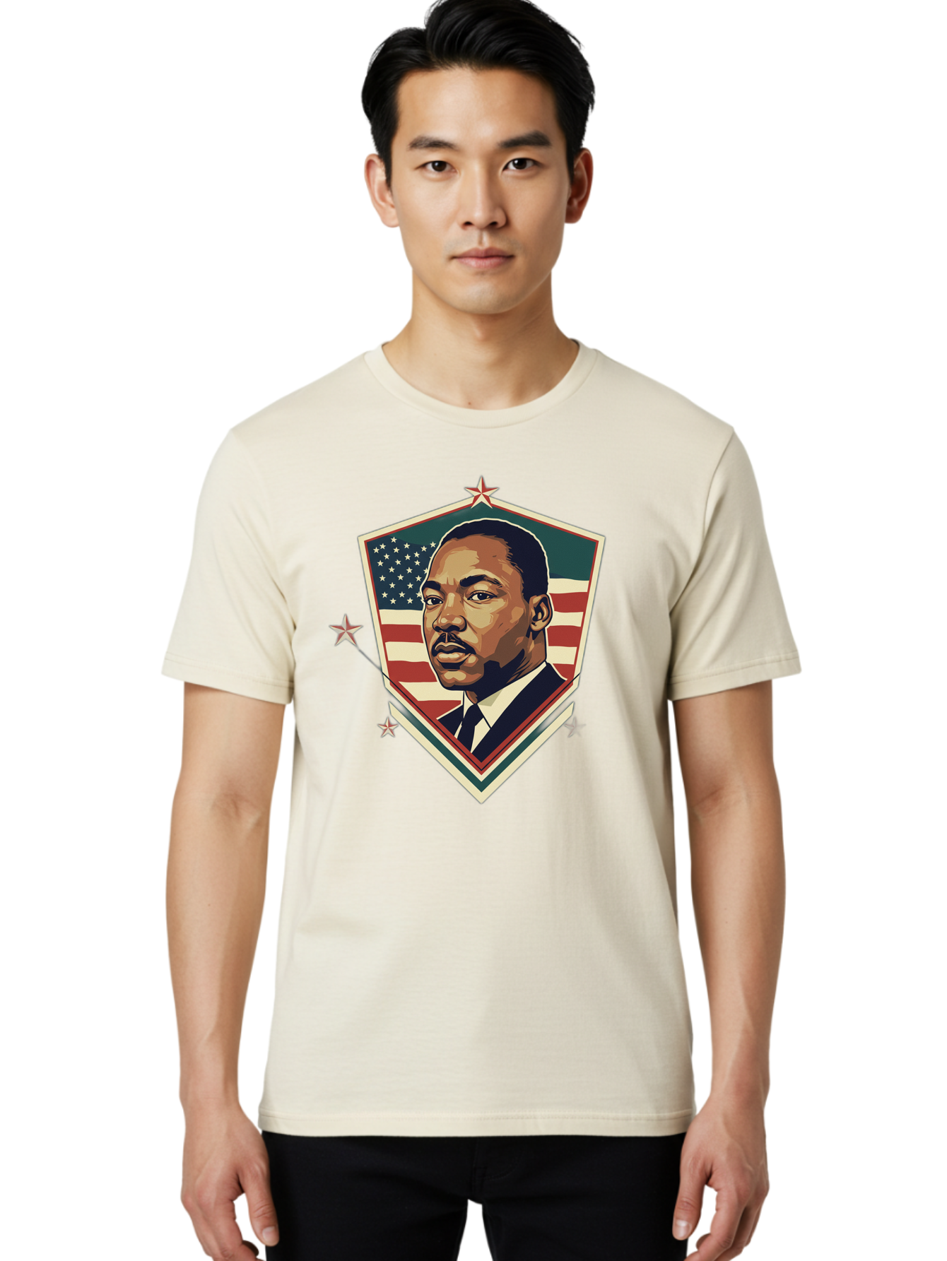 Martin-Luther-King-Jr-Shield Men'S Graphic Tee, 100% Cotton, Comfortable Casual Summer Wear, Machine Washable, Martin Luther King Jr. Portrait, American Flag, Patriotic Symbol, Civil Rights Leader, Iconic Figure, Freedom Fighter, Bac178