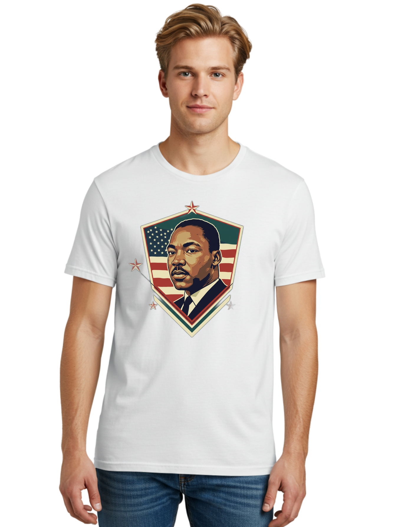 Martin-Luther-King-Jr-Shield Men'S Graphic Tee, 100% Cotton, Comfortable Casual Summer Wear, Machine Washable, Martin Luther King Jr. Portrait, American Flag, Patriotic Symbol, Civil Rights Leader, Iconic Figure, Freedom Fighter, Bac178