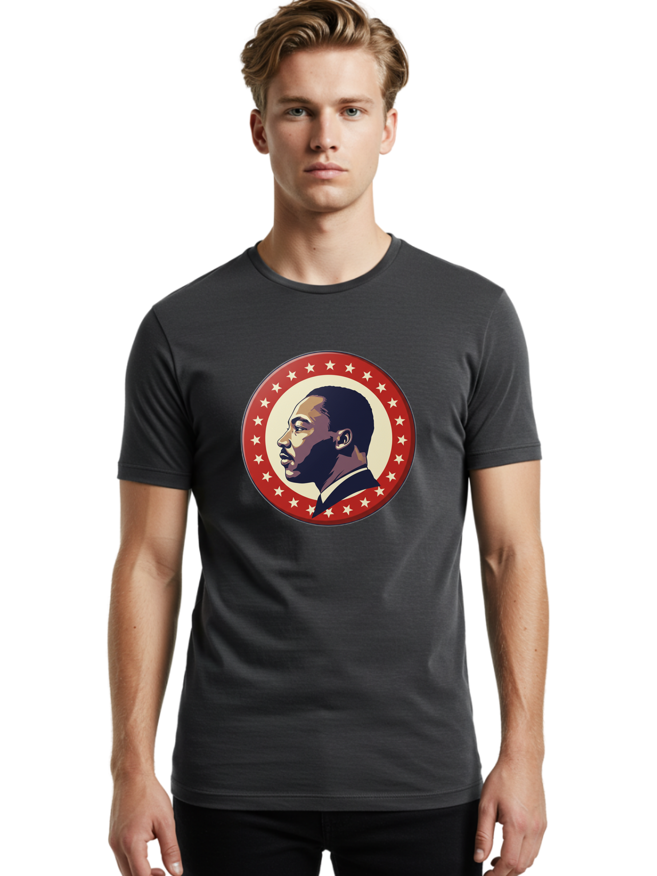 Martin-Luther-King-Jr Men'S Graphic Tee, 100% Cotton, Comfortable Casual Summer Wear, Machine Washable, Martin Luther King Jr. Profile, Civil Rights Leader, African American Icon, Star-Studded Badge, Patriotic Symbol, Freedom Fighter, Bac179