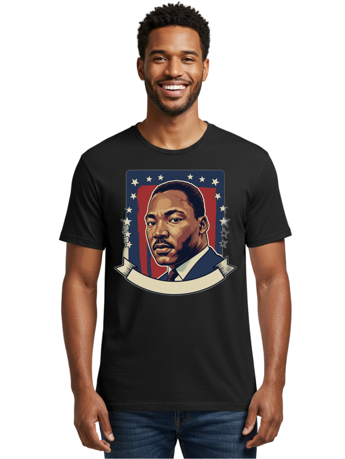 Martin-Luther-King Men'S Graphic Tee, 100% Cotton, Comfortable Casual Summer Wear, Machine Washable, Martin Luther King Jr. Portrait, Civil Rights Leader, Patriotic Illustration, Red White And Blue, Stars And Stripes, Inspirational Quote, Bac180