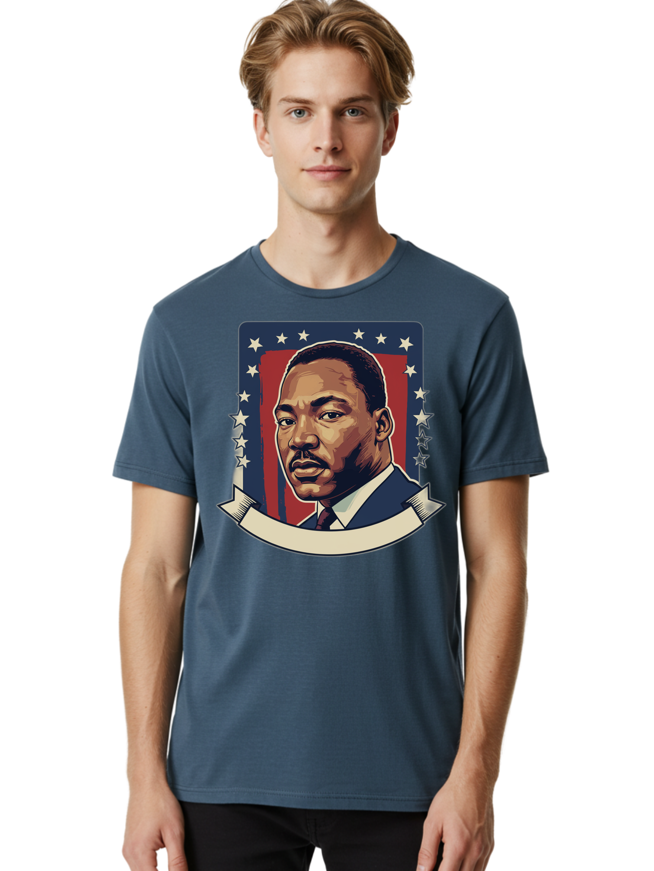 Martin-Luther-King Men'S Graphic Tee, 100% Cotton, Comfortable Casual Summer Wear, Machine Washable, Martin Luther King Jr. Portrait, Civil Rights Leader, Patriotic Illustration, Red White And Blue, Stars And Stripes, Inspirational Quote, Bac180