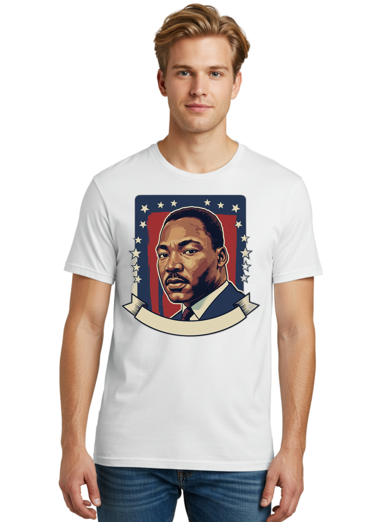 Martin-Luther-King Men'S Graphic Tee, 100% Cotton, Comfortable Casual Summer Wear, Machine Washable, Martin Luther King Jr. Portrait, Civil Rights Leader, Patriotic Illustration, Red White And Blue, Stars And Stripes, Inspirational Quote, Bac180