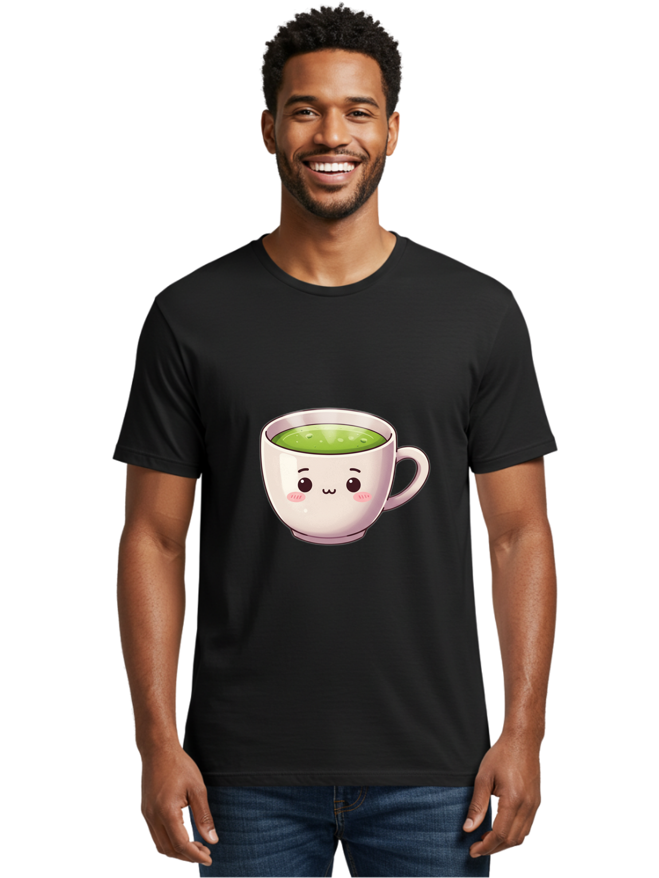 Matcha-Tea-Cup Men'S Graphic Tee, 100% Cotton, Comfortable Casual Summer Wear, Machine Washable, Matcha Tea, Cute Cartoon Character, Adorable Face, Kawaii Culture, Green Tea, Tea Time, Soothing Beverage, Lovely Design, Cheerful Expression Bac181