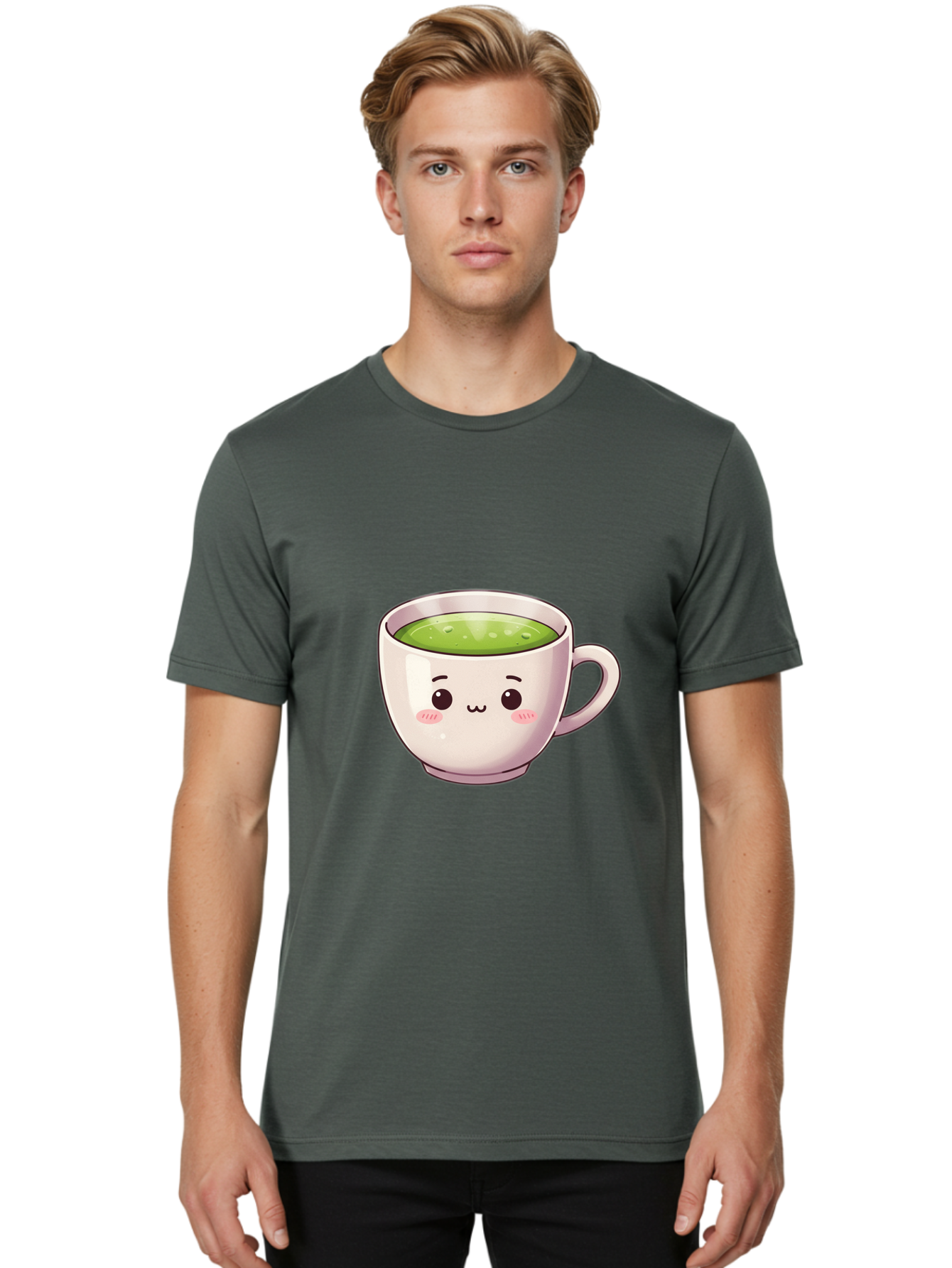 Matcha-Tea-Cup Men'S Graphic Tee, 100% Cotton, Comfortable Casual Summer Wear, Machine Washable, Matcha Tea, Cute Cartoon Character, Adorable Face, Kawaii Culture, Green Tea, Tea Time, Soothing Beverage, Lovely Design, Cheerful Expression Bac181