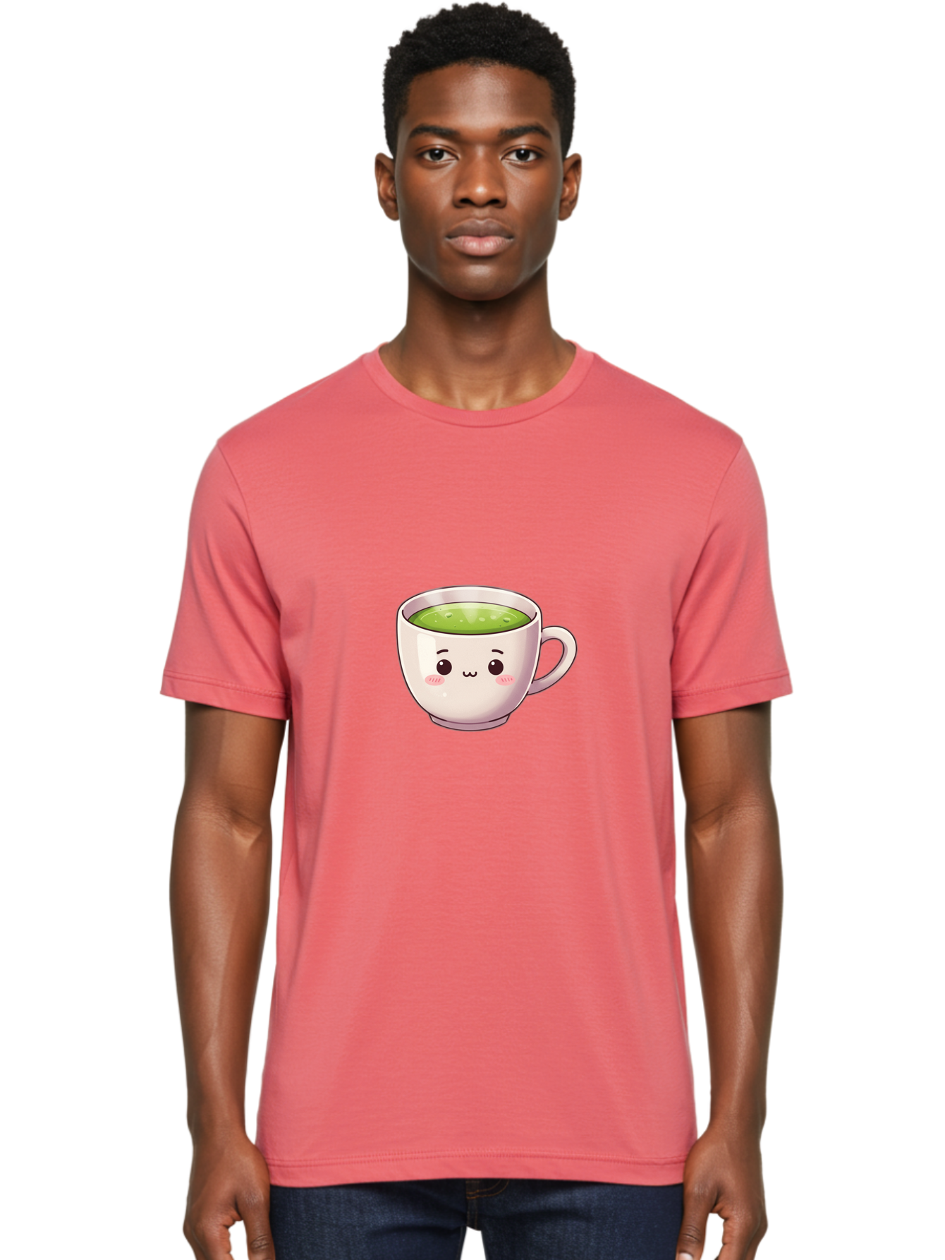Matcha-Tea-Cup Men'S Graphic Tee, 100% Cotton, Comfortable Casual Summer Wear, Machine Washable, Matcha Tea, Cute Cartoon Character, Adorable Face, Kawaii Culture, Green Tea, Tea Time, Soothing Beverage, Lovely Design, Cheerful Expression Bac181