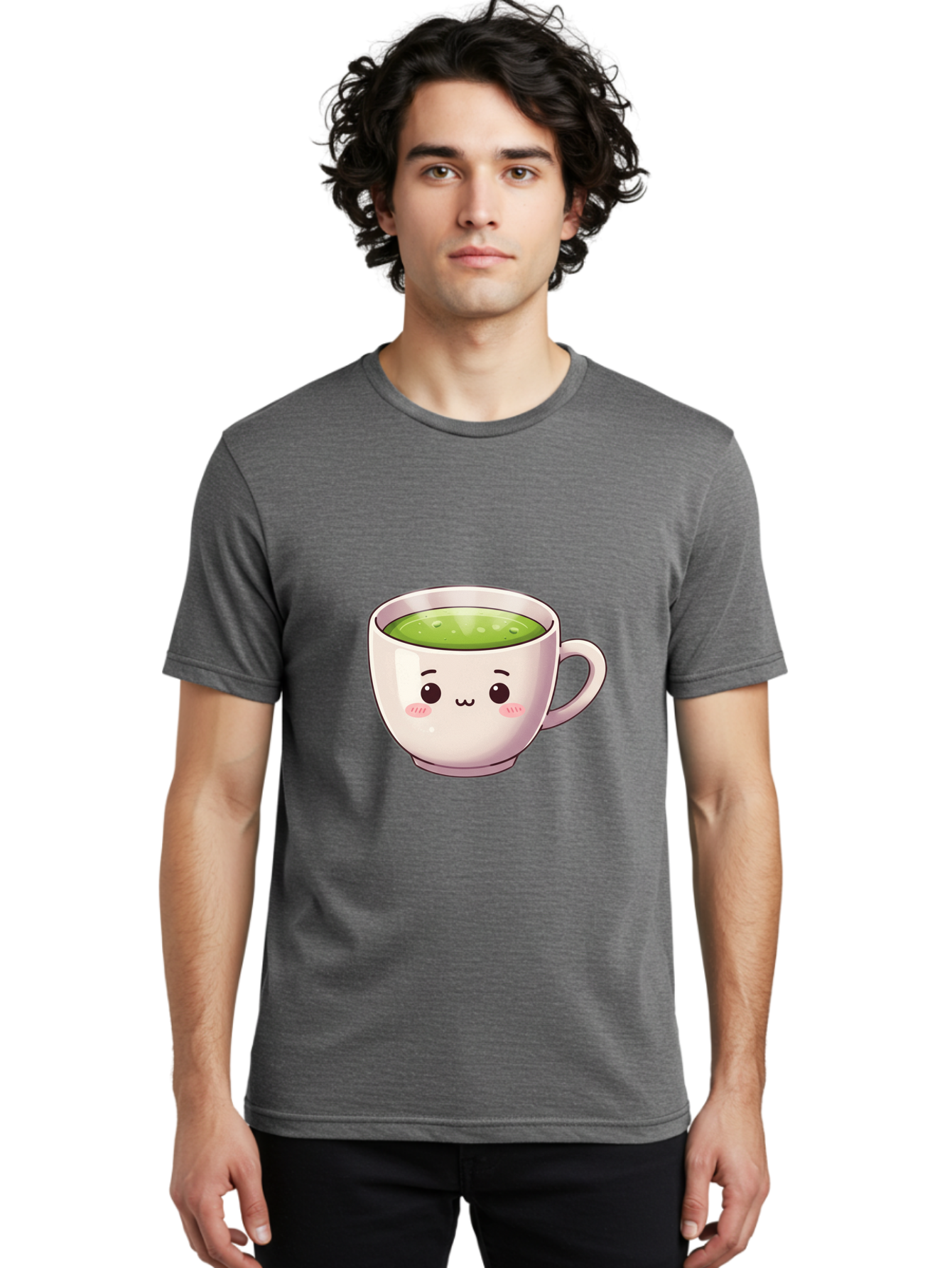Matcha-Tea-Cup Men'S Graphic Tee, 100% Cotton, Comfortable Casual Summer Wear, Machine Washable, Matcha Tea, Cute Cartoon Character, Adorable Face, Kawaii Culture, Green Tea, Tea Time, Soothing Beverage, Lovely Design, Cheerful Expression Bac181