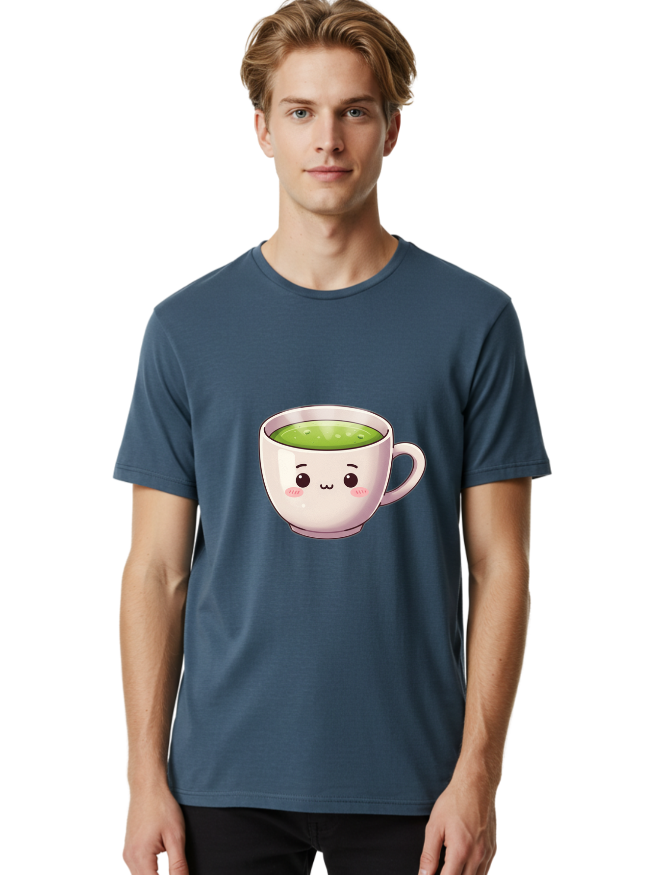 Matcha-Tea-Cup Men'S Graphic Tee, 100% Cotton, Comfortable Casual Summer Wear, Machine Washable, Matcha Tea, Cute Cartoon Character, Adorable Face, Kawaii Culture, Green Tea, Tea Time, Soothing Beverage, Lovely Design, Cheerful Expression Bac181