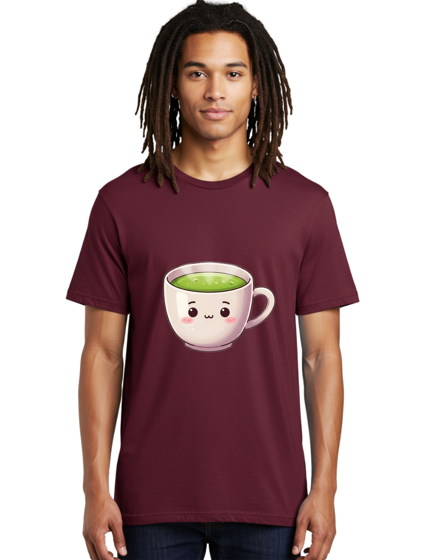 Matcha-Tea-Cup Men'S Graphic Tee, 100% Cotton, Comfortable Casual Summer Wear, Machine Washable, Matcha Tea, Cute Cartoon Character, Adorable Face, Kawaii Culture, Green Tea, Tea Time, Soothing Beverage, Lovely Design, Cheerful Expression Bac181
