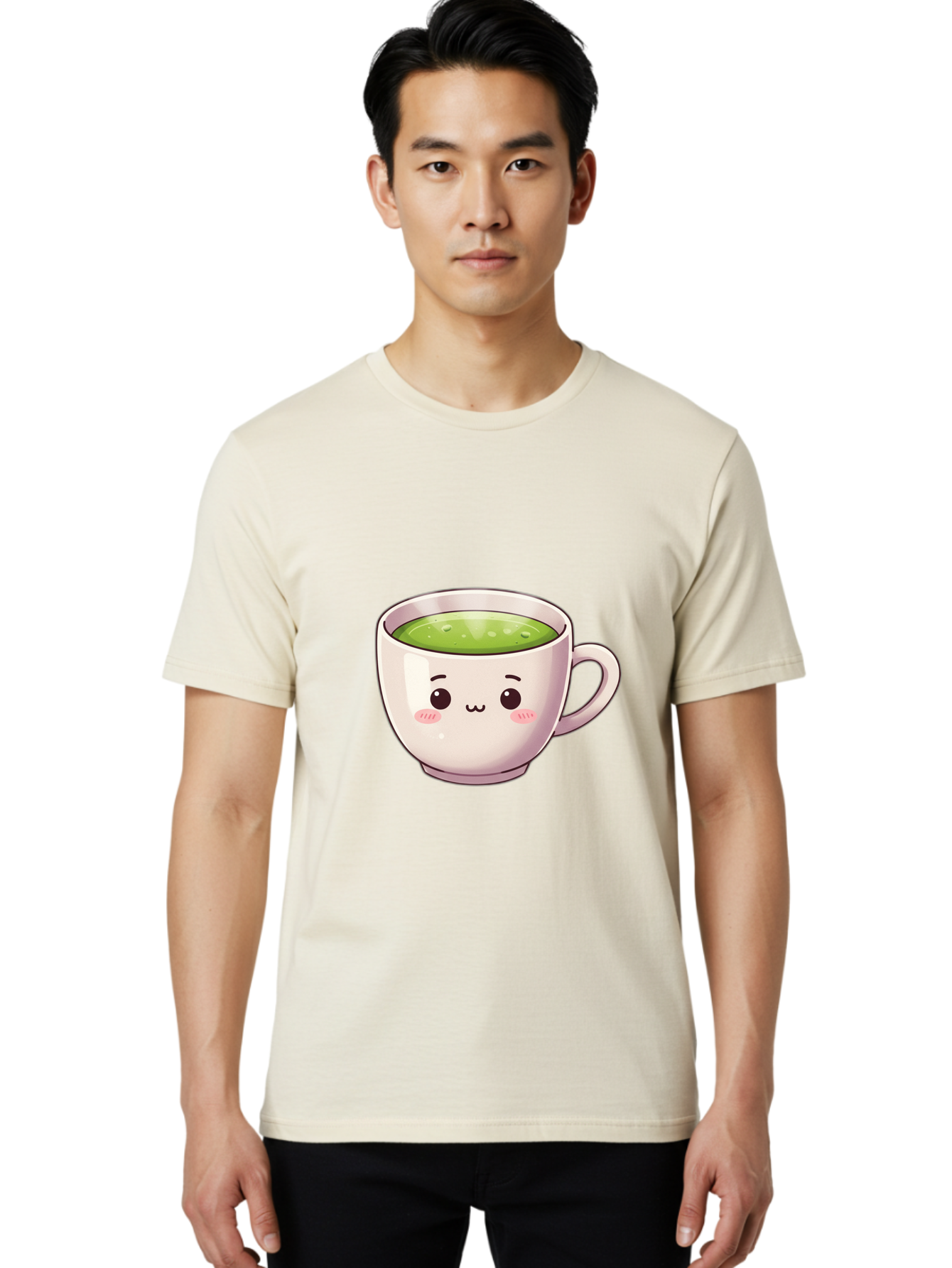 Matcha-Tea-Cup Men'S Graphic Tee, 100% Cotton, Comfortable Casual Summer Wear, Machine Washable, Matcha Tea, Cute Cartoon Character, Adorable Face, Kawaii Culture, Green Tea, Tea Time, Soothing Beverage, Lovely Design, Cheerful Expression Bac181