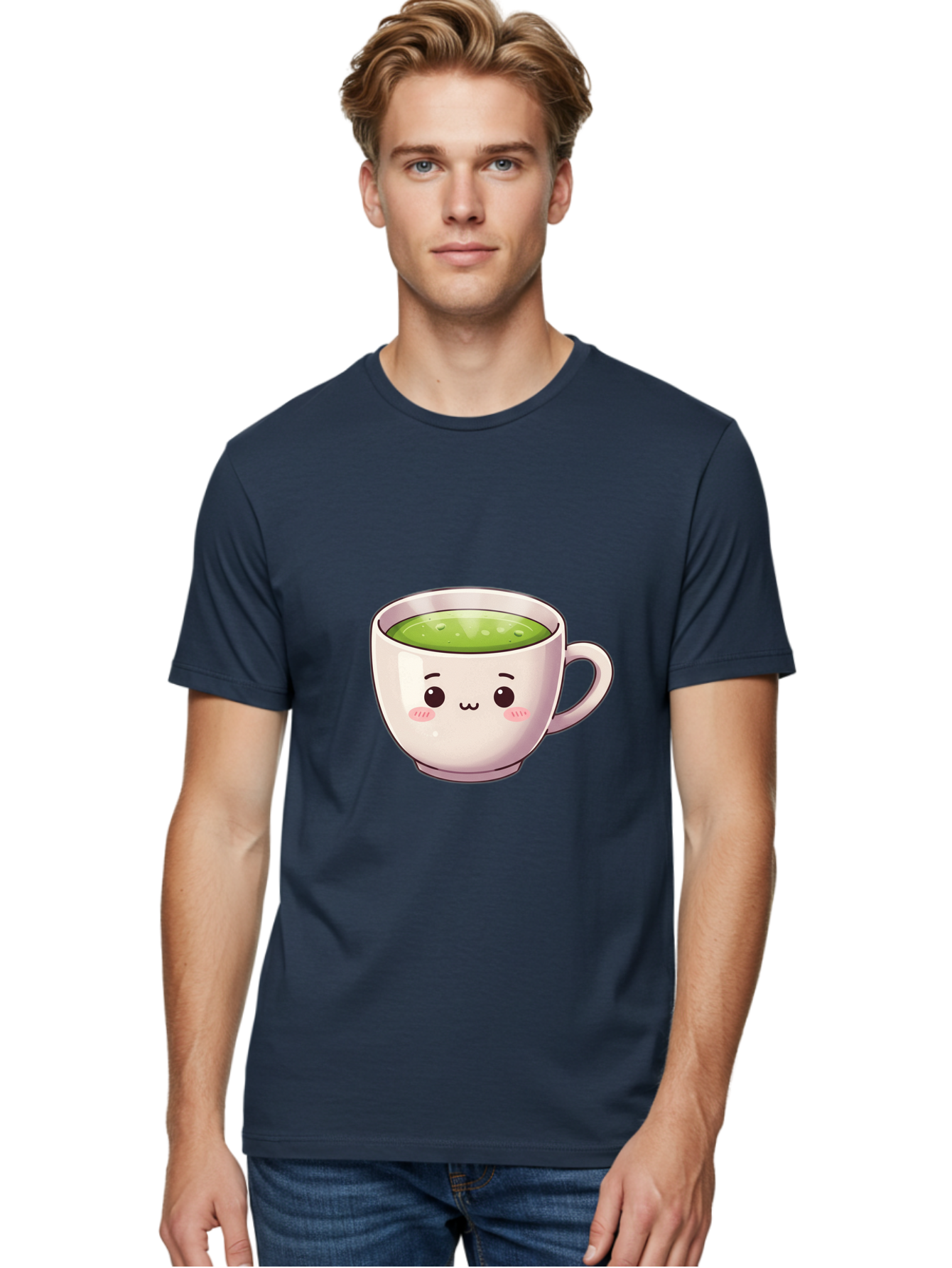 Matcha-Tea-Cup Men'S Graphic Tee, 100% Cotton, Comfortable Casual Summer Wear, Machine Washable, Matcha Tea, Cute Cartoon Character, Adorable Face, Kawaii Culture, Green Tea, Tea Time, Soothing Beverage, Lovely Design, Cheerful Expression Bac181
