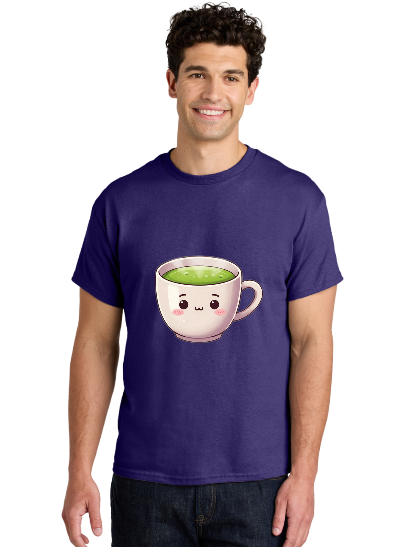 Matcha-Tea-Cup Men'S Graphic Tee, 100% Cotton, Comfortable Casual Summer Wear, Machine Washable, Matcha Tea, Cute Cartoon Character, Adorable Face, Kawaii Culture, Green Tea, Tea Time, Soothing Beverage, Lovely Design, Cheerful Expression Bac181