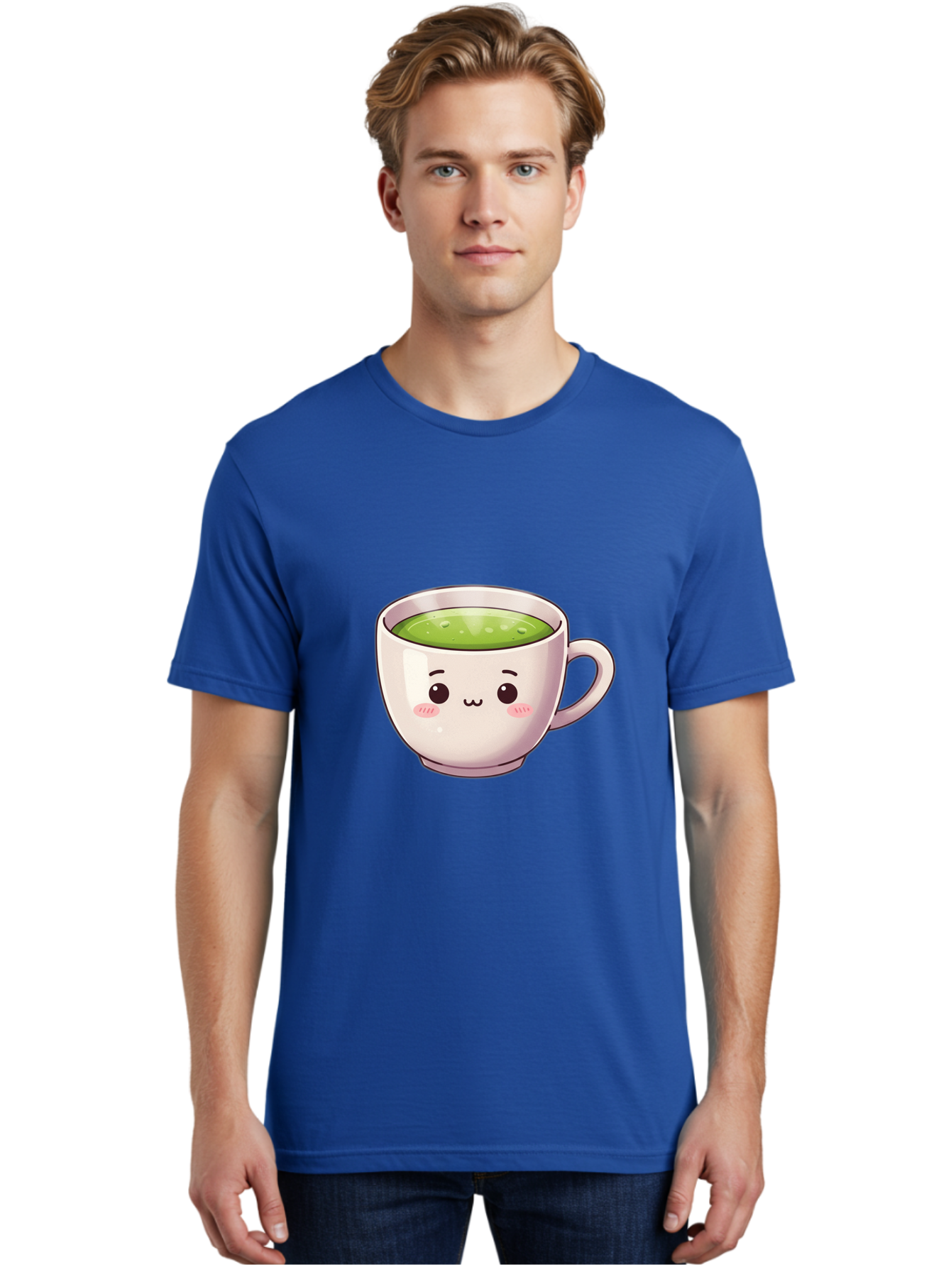 Matcha-Tea-Cup Men'S Graphic Tee, 100% Cotton, Comfortable Casual Summer Wear, Machine Washable, Matcha Tea, Cute Cartoon Character, Adorable Face, Kawaii Culture, Green Tea, Tea Time, Soothing Beverage, Lovely Design, Cheerful Expression Bac181