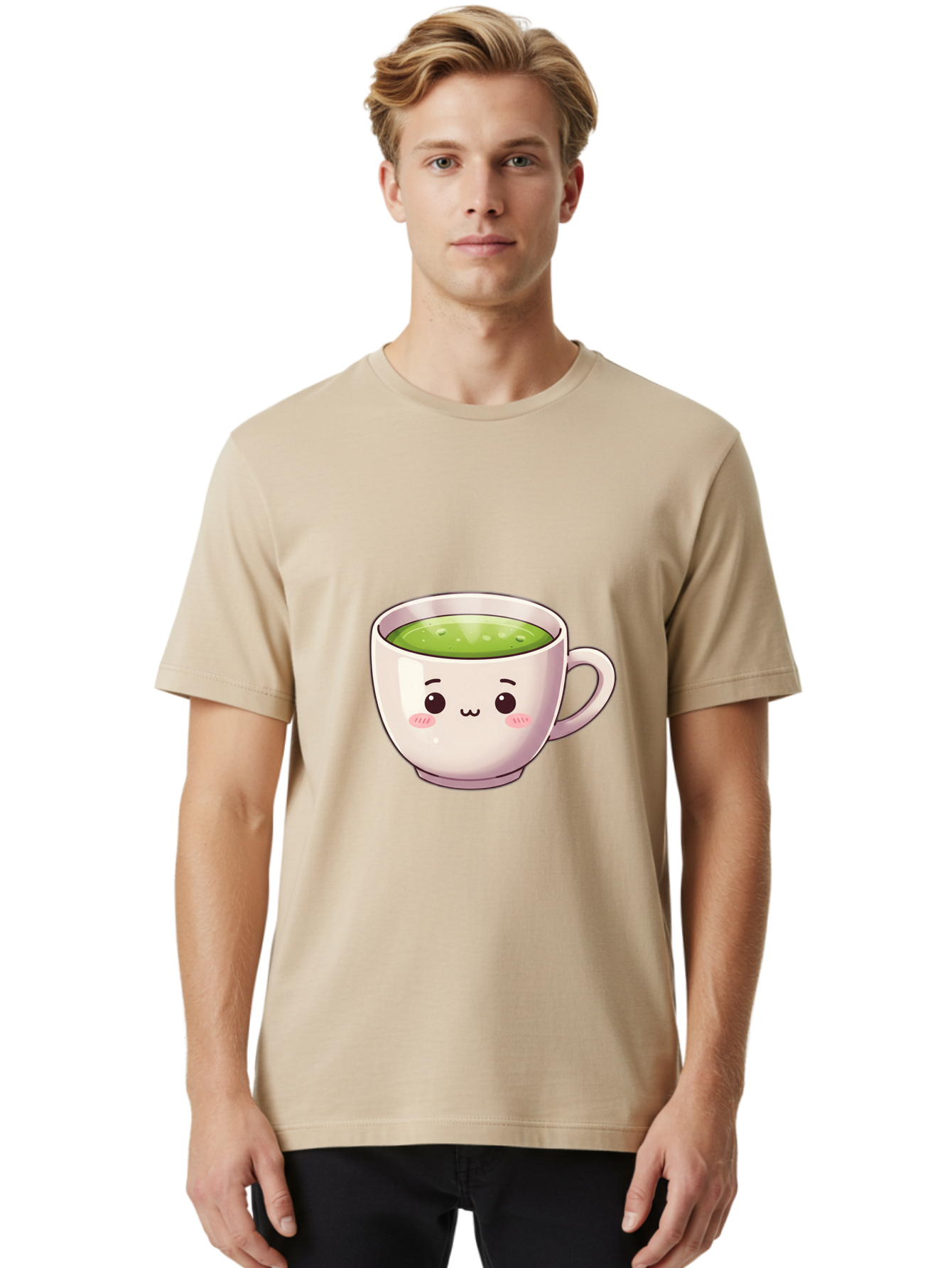 Matcha-Tea-Cup Men'S Graphic Tee, 100% Cotton, Comfortable Casual Summer Wear, Machine Washable, Matcha Tea, Cute Cartoon Character, Adorable Face, Kawaii Culture, Green Tea, Tea Time, Soothing Beverage, Lovely Design, Cheerful Expression Bac181