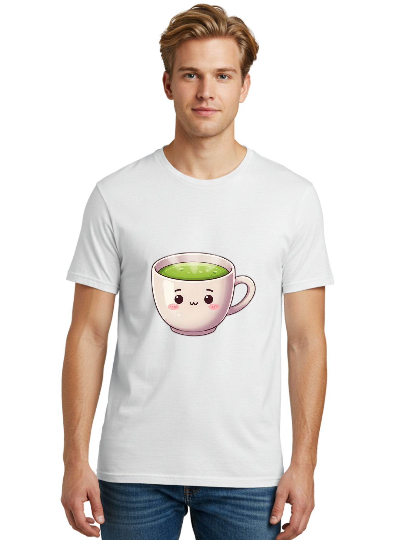 Matcha-Tea-Cup Men'S Graphic Tee, 100% Cotton, Comfortable Casual Summer Wear, Machine Washable, Matcha Tea, Cute Cartoon Character, Adorable Face, Kawaii Culture, Green Tea, Tea Time, Soothing Beverage, Lovely Design, Cheerful Expression Bac181
