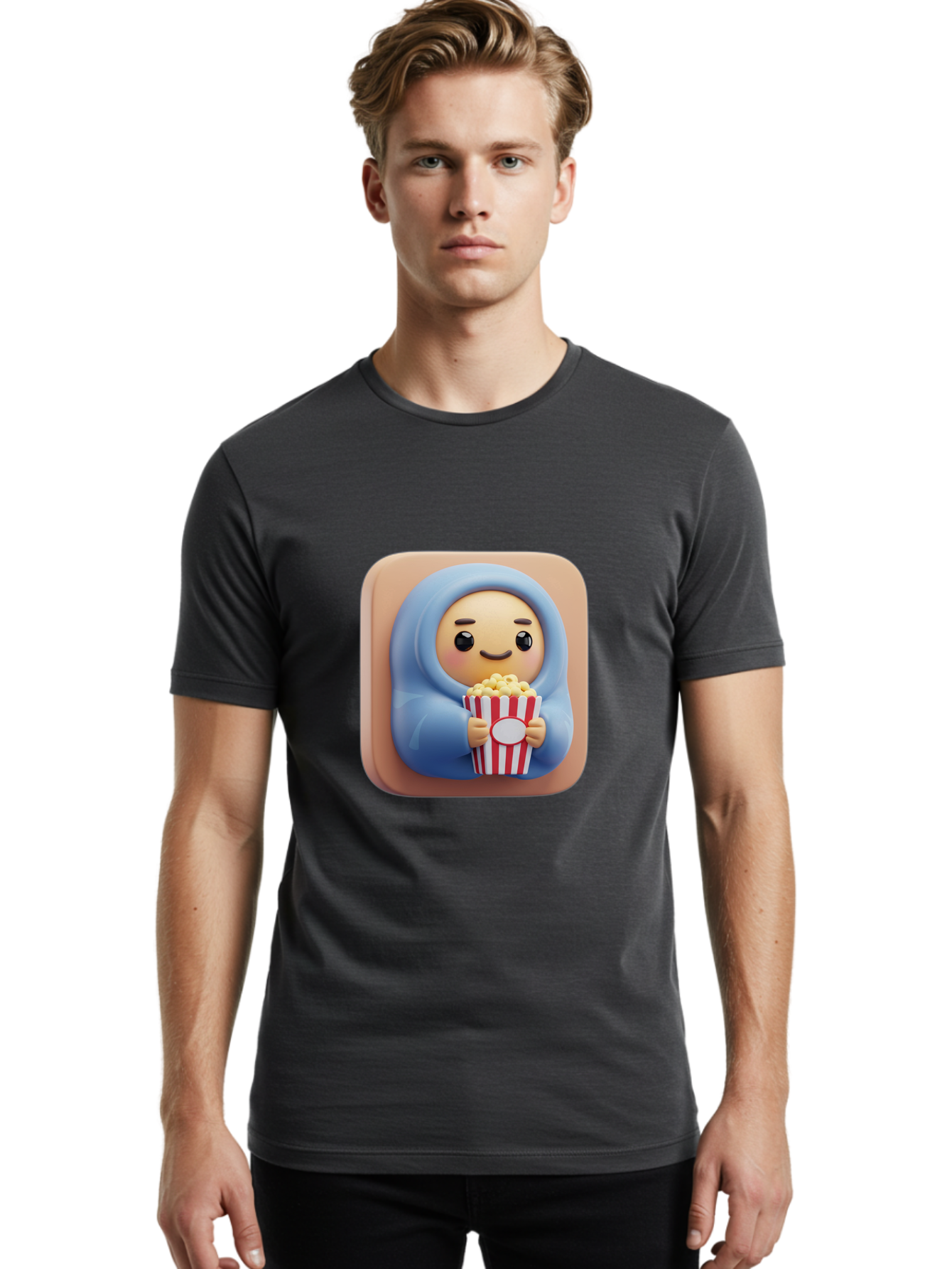 Melted-Face-Emoji Men'S Graphic Tee, 100% Cotton, Comfortable Casual Summer Wear, Machine Washable, Smiling Face, Happy Emoji, Popcorn Bucket, Red And White Stripes, Cartoon Character, Joyful Expression, Friendly Face, Fun Snack, Bac184