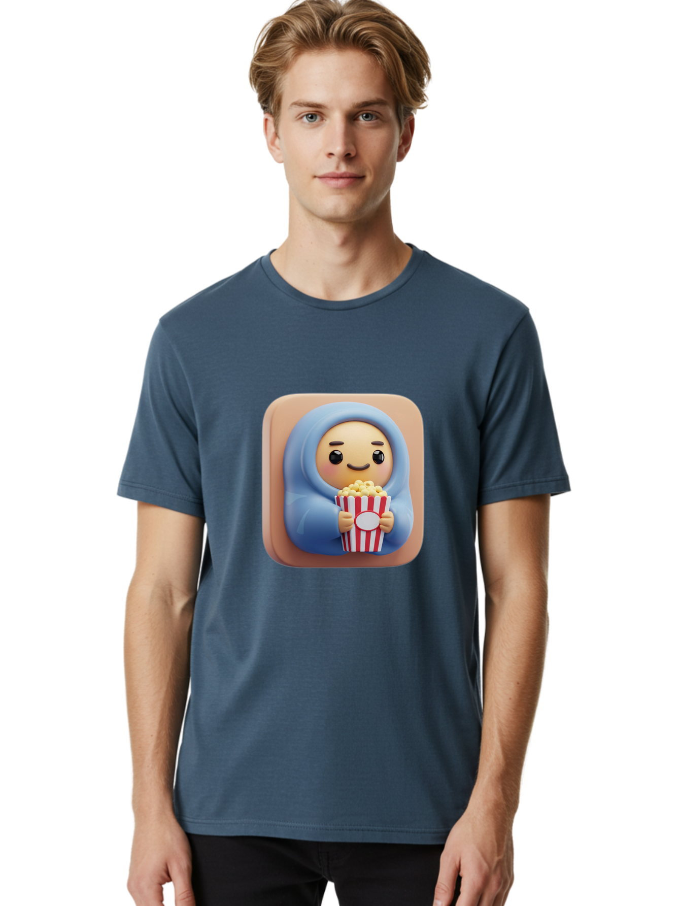 Melted-Face-Emoji Men'S Graphic Tee, 100% Cotton, Comfortable Casual Summer Wear, Machine Washable, Smiling Face, Happy Emoji, Popcorn Bucket, Red And White Stripes, Cartoon Character, Joyful Expression, Friendly Face, Fun Snack, Bac184
