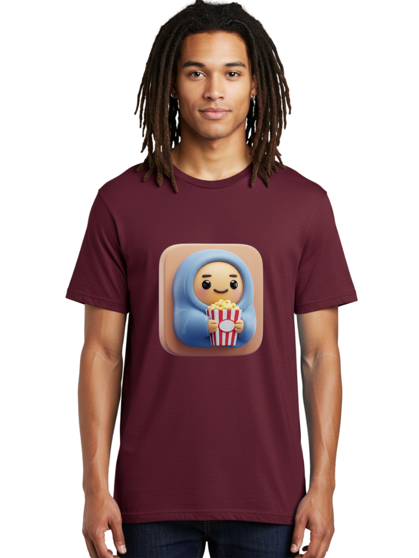 Melted-Face-Emoji Men'S Graphic Tee, 100% Cotton, Comfortable Casual Summer Wear, Machine Washable, Smiling Face, Happy Emoji, Popcorn Bucket, Red And White Stripes, Cartoon Character, Joyful Expression, Friendly Face, Fun Snack, Bac184