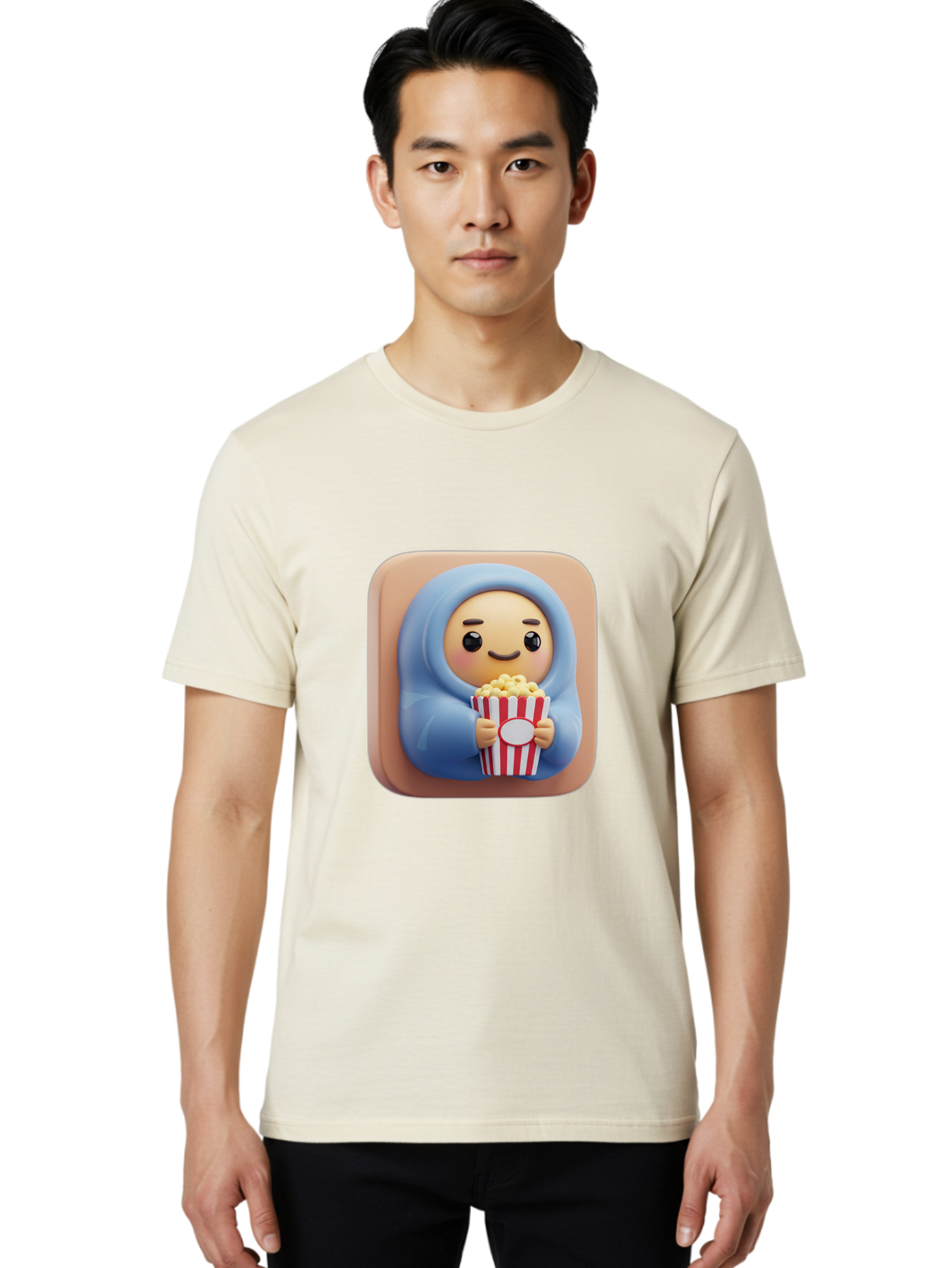 Melted-Face-Emoji Men'S Graphic Tee, 100% Cotton, Comfortable Casual Summer Wear, Machine Washable, Smiling Face, Happy Emoji, Popcorn Bucket, Red And White Stripes, Cartoon Character, Joyful Expression, Friendly Face, Fun Snack, Bac184