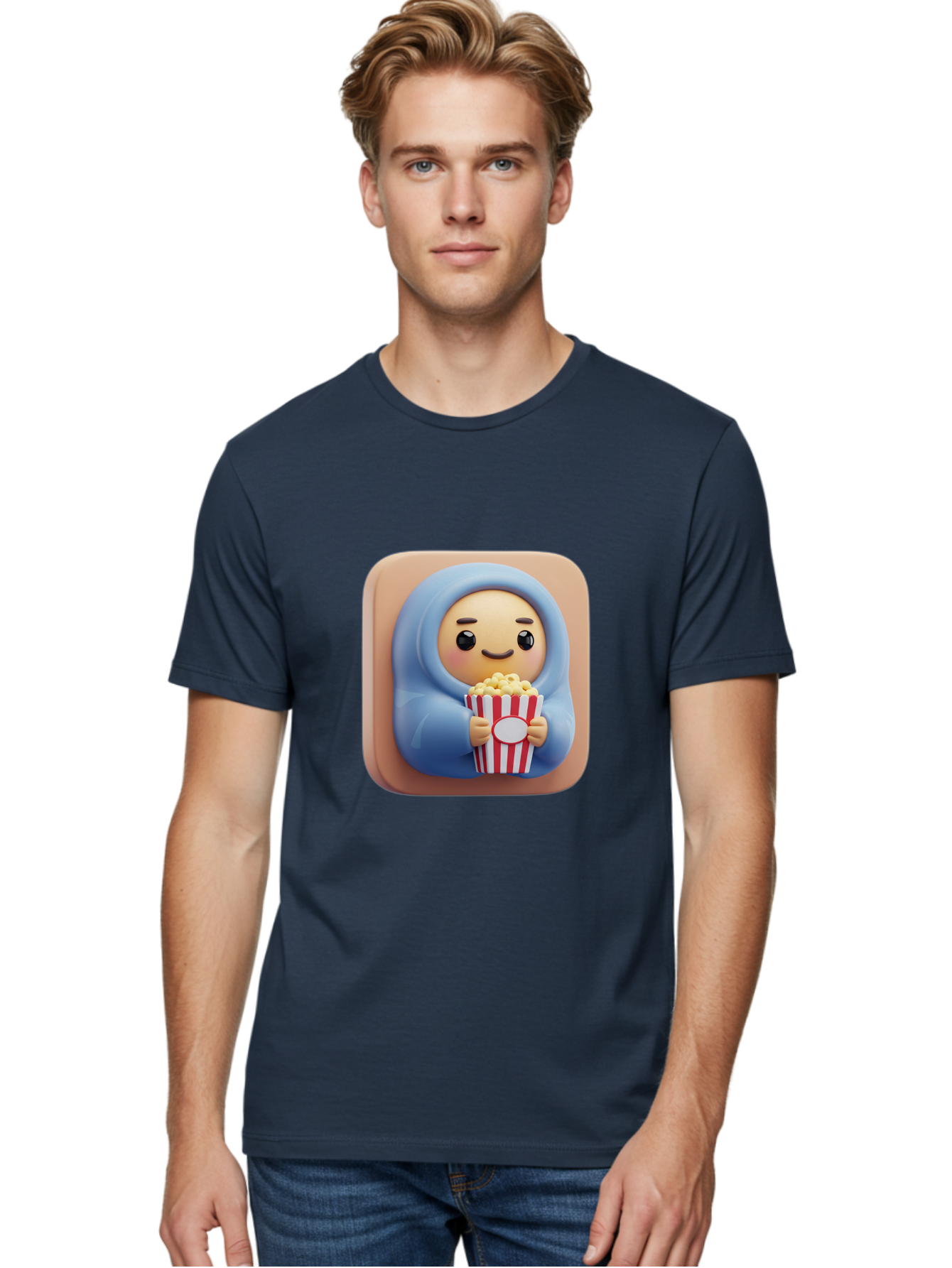 Melted-Face-Emoji Men'S Graphic Tee, 100% Cotton, Comfortable Casual Summer Wear, Machine Washable, Smiling Face, Happy Emoji, Popcorn Bucket, Red And White Stripes, Cartoon Character, Joyful Expression, Friendly Face, Fun Snack, Bac184