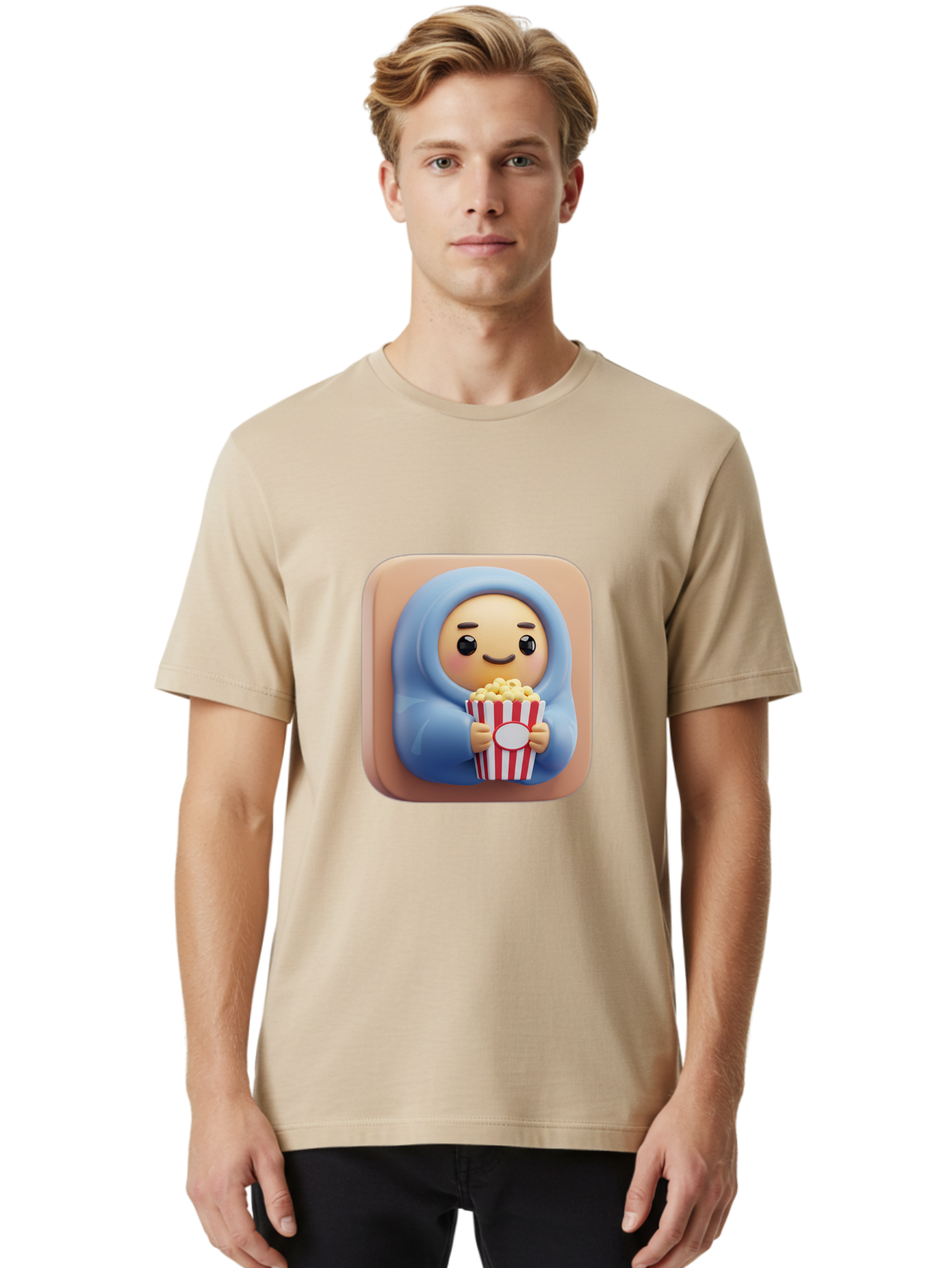 Melted-Face-Emoji Men'S Graphic Tee, 100% Cotton, Comfortable Casual Summer Wear, Machine Washable, Smiling Face, Happy Emoji, Popcorn Bucket, Red And White Stripes, Cartoon Character, Joyful Expression, Friendly Face, Fun Snack, Bac184