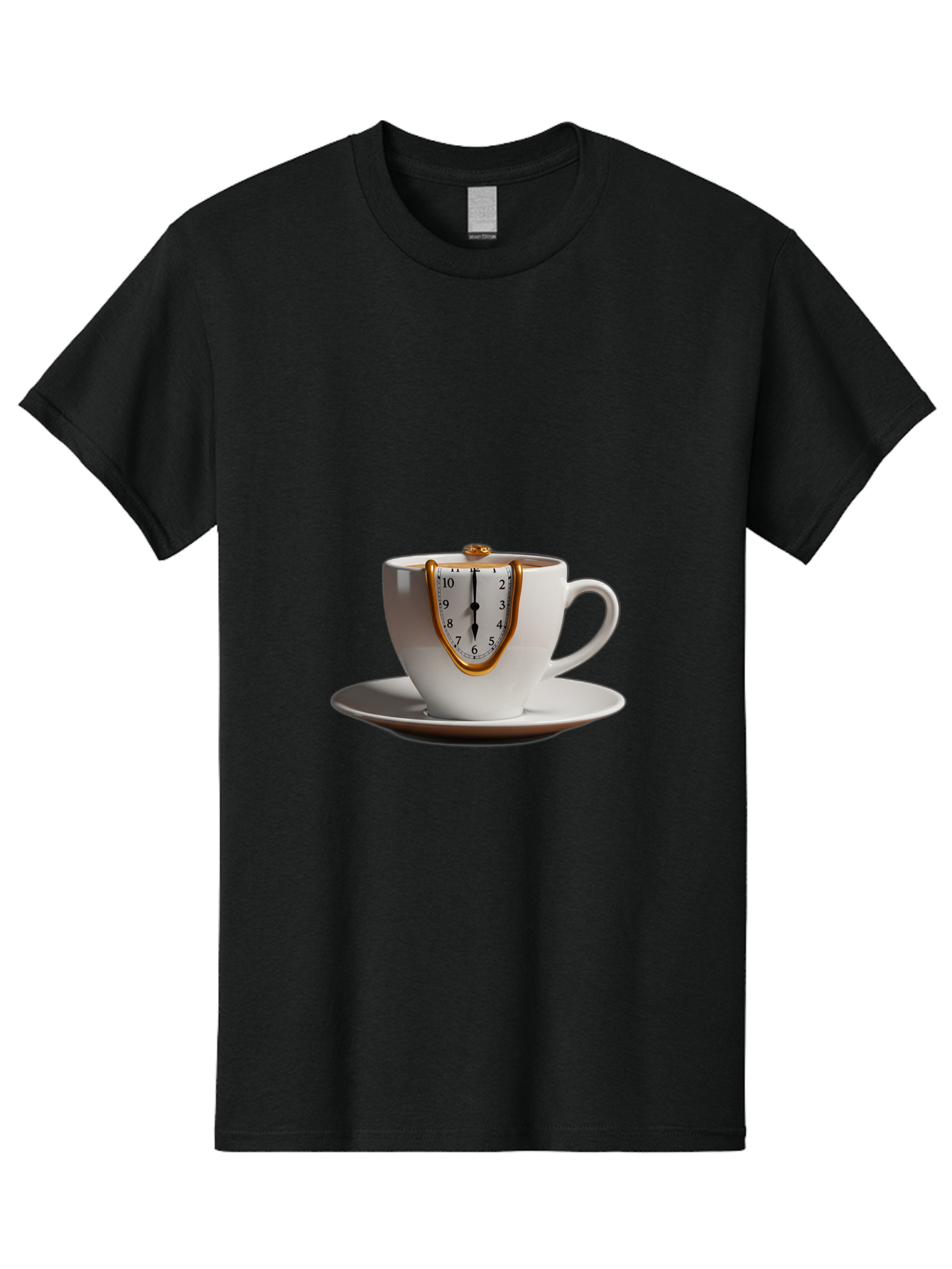Melting-Clock-Coffee-Cup Men'S Graphic Tee, 100% Cotton, Comfortable Casual Summer Wear, Machine Washable, Surrealist Art, Melting Clock, White Porcelain Cup, Saucer, Clock Face, Salvador Dali, Gold Trim, Time Concept, Abstract Art, Bac185