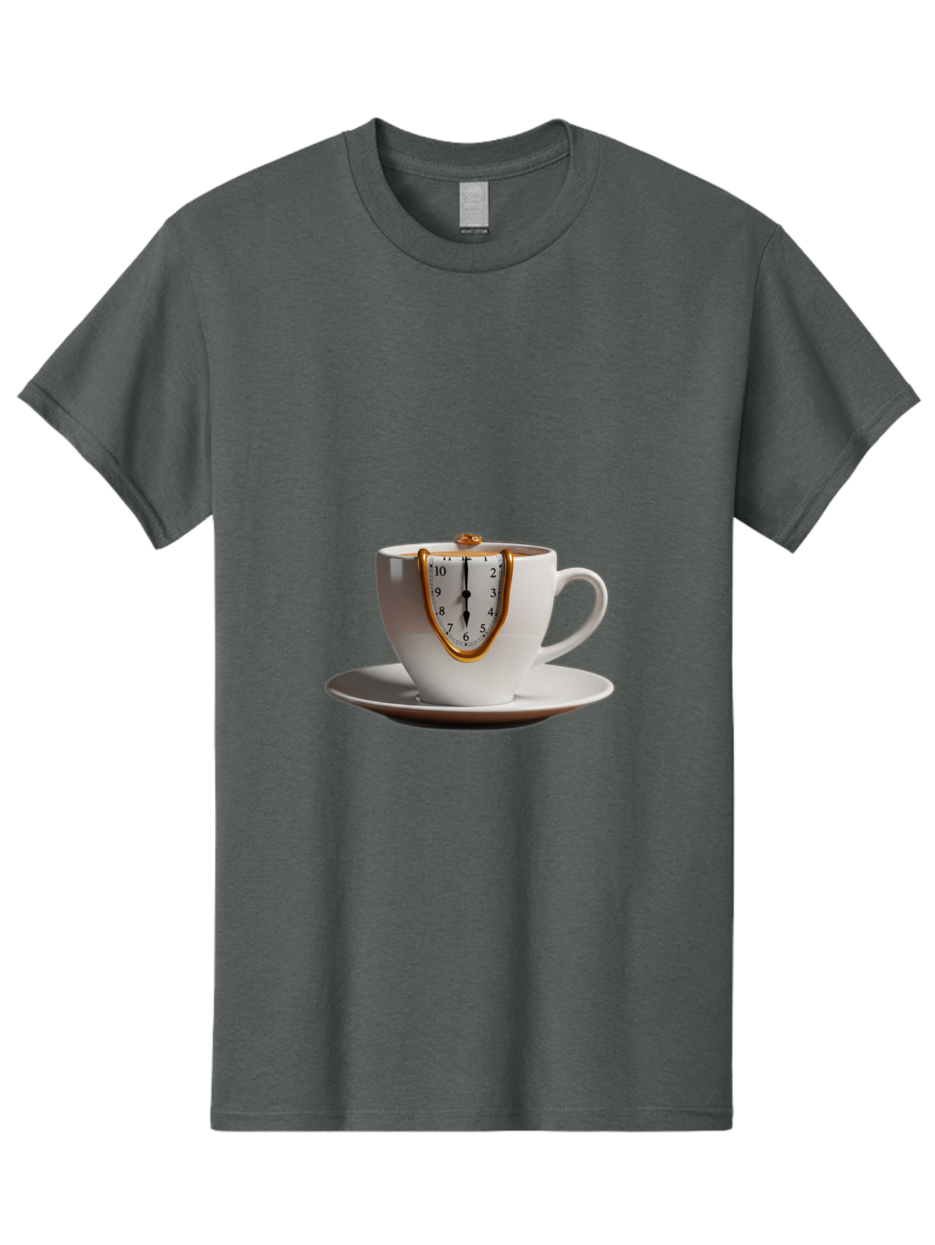 Melting-Clock-Coffee-Cup Men'S Graphic Tee, 100% Cotton, Comfortable Casual Summer Wear, Machine Washable, Surrealist Art, Melting Clock, White Porcelain Cup, Saucer, Clock Face, Salvador Dali, Gold Trim, Time Concept, Abstract Art, Bac185
