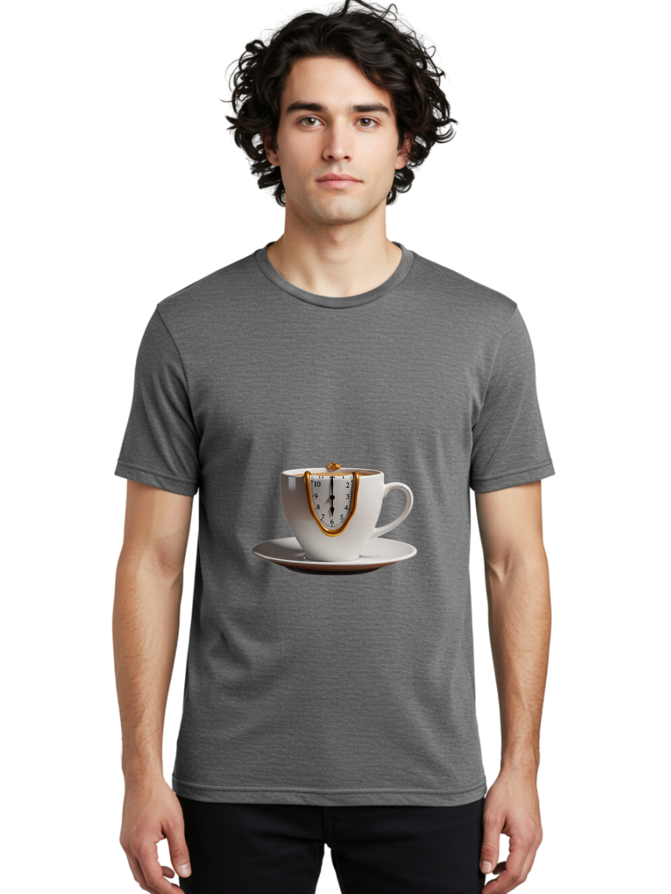 Melting-Clock-Coffee-Cup Men'S Graphic Tee, 100% Cotton, Comfortable Casual Summer Wear, Machine Washable, Surrealist Art, Melting Clock, White Porcelain Cup, Saucer, Clock Face, Salvador Dali, Gold Trim, Time Concept, Abstract Art, Bac185